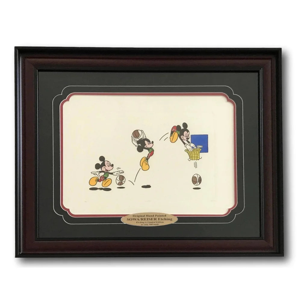 Vintage Mickey Mouse Basketball Framed 12x16 Etch Artwork by Sowa & Reiser Limited Edition #/500 - Disney Collectible for Sports Fans & Home Decor