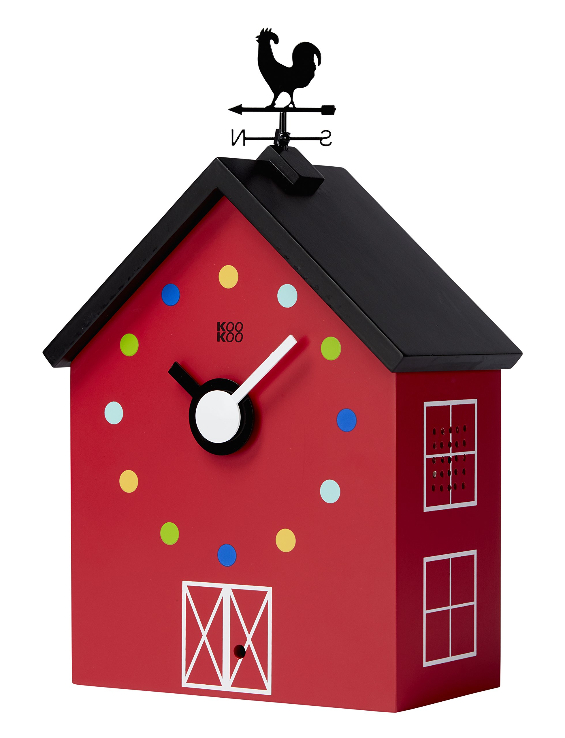 KOOKOO Red Barn Large Farmhouse Wall Clock - 12 Animal Sounds, Rooster & Rotating Weathervane | Rustic Home Decor for Kitchen, Living Room, Nursery