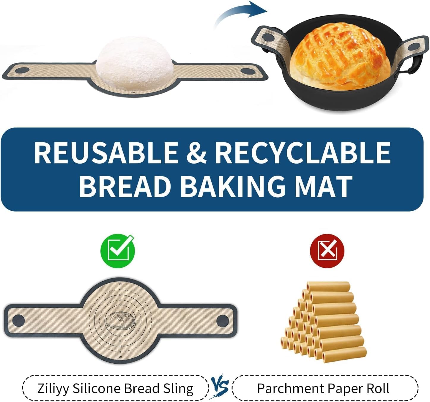 2 Pack Silicone Bread Sling for Dutch Oven - Non-Stick Heat Resistant Reusable Baking Mat with Long Handle - Perfect for Sourdough Bread Making, Artisan Loaf Transfer & Baking Accessories - Ideal for Home Bakers & Bread Making Enthusiasts