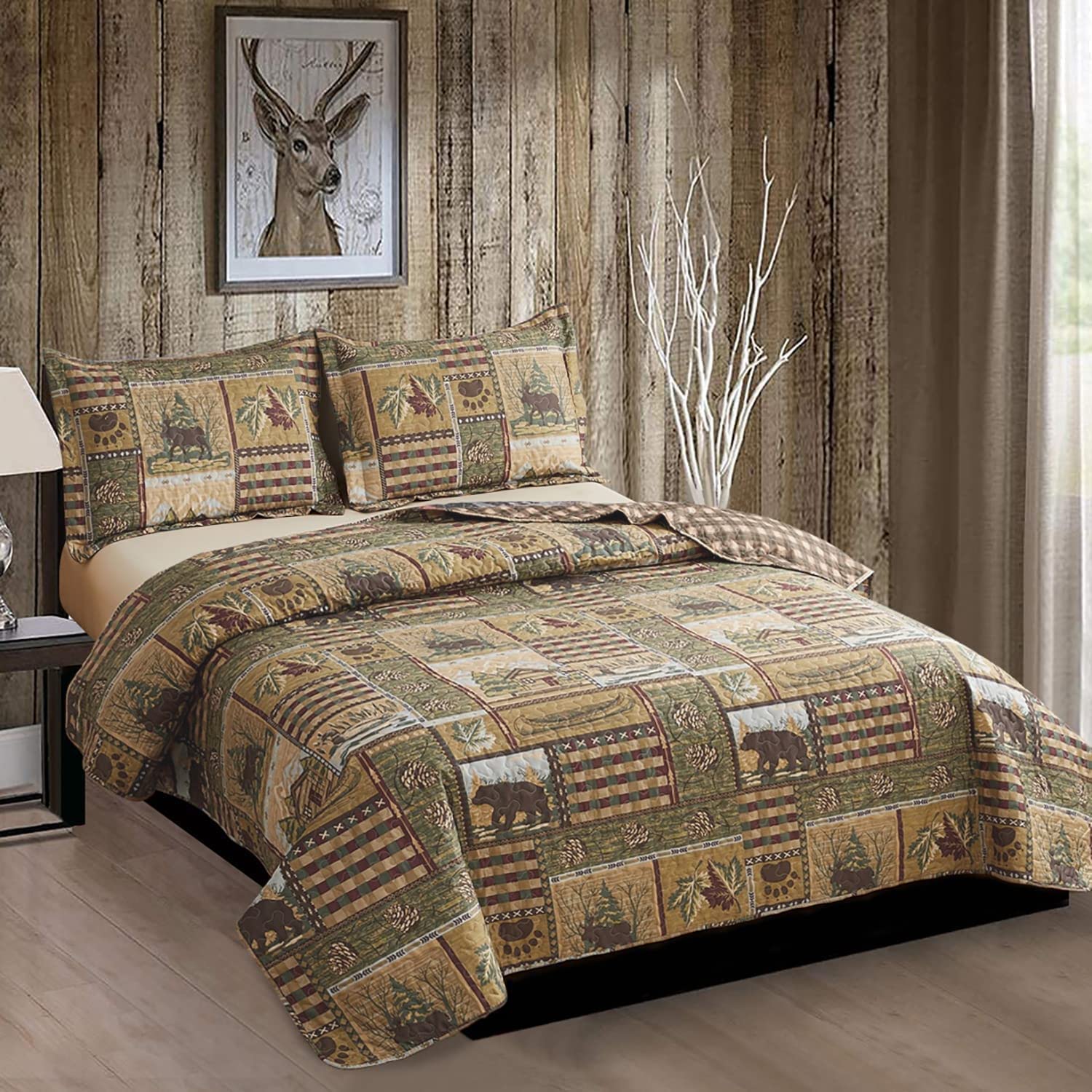 Rustic Reversible Quilt Set Queen Size - Lodge Style Bedspread with Plaid Patchwork & Forest Animal Design (Moose, Bear) - Lightweight Cabin Quilts for Cozy Bedroom Decor | Perfect for Farmhouse, Cabin, or Country Themed Bedrooms
