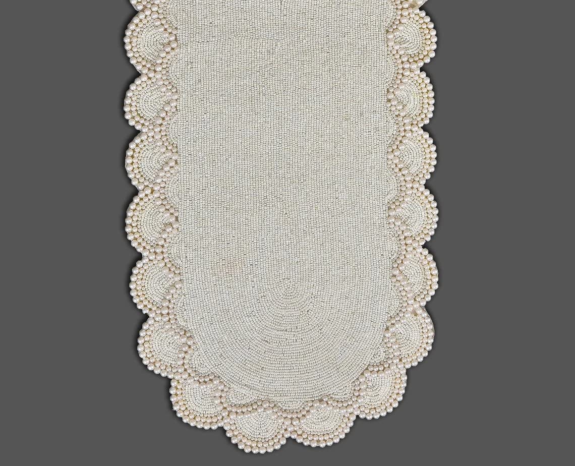 HM Creations Handmade White Pearls & Beads Luxury Table Runner - 13x36 Inch Wedding Table Topper (Set of 6 Placemats) for Bridal Showers, Anniversary Dinners & Formal Dining Decor