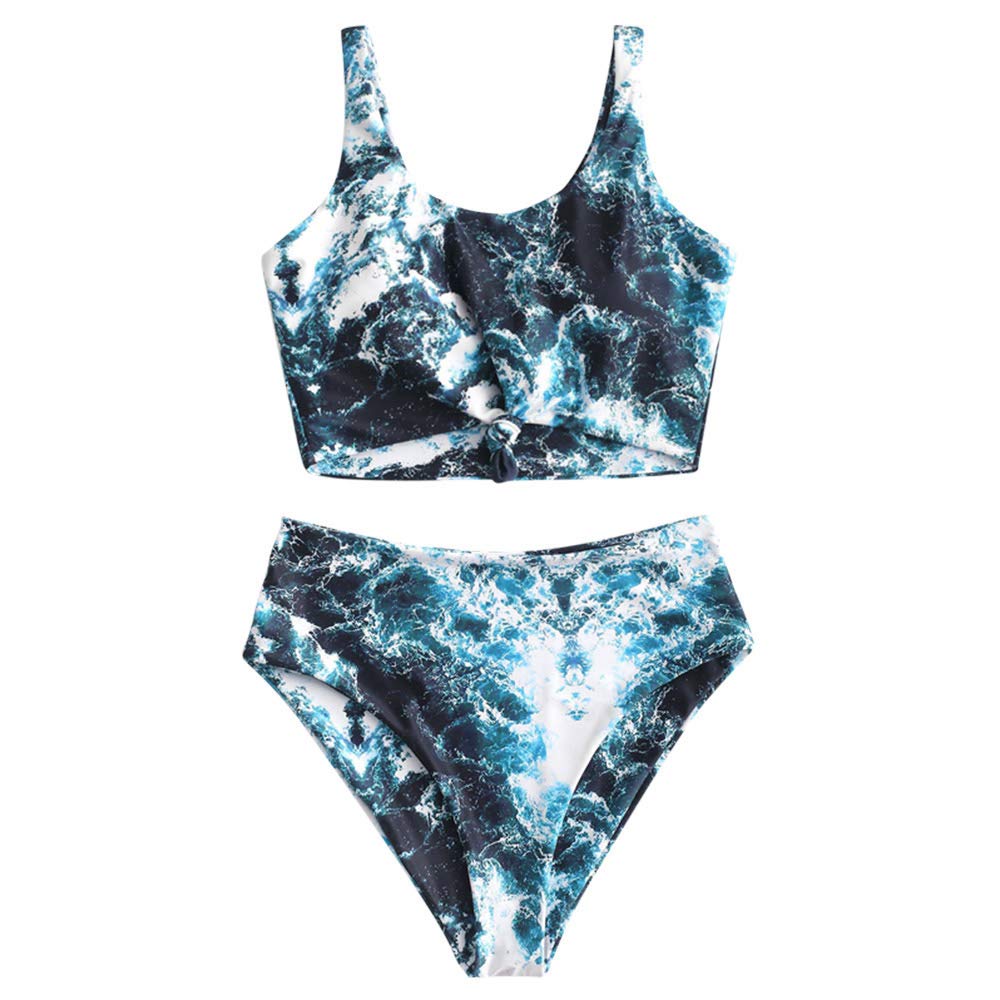 ZAFUL Women's Knot Scoop Neck Bikini Set - Ruched High Waisted Two Piece Swimsuits & Tankini for Beach, Pool Party and Summer Vacation