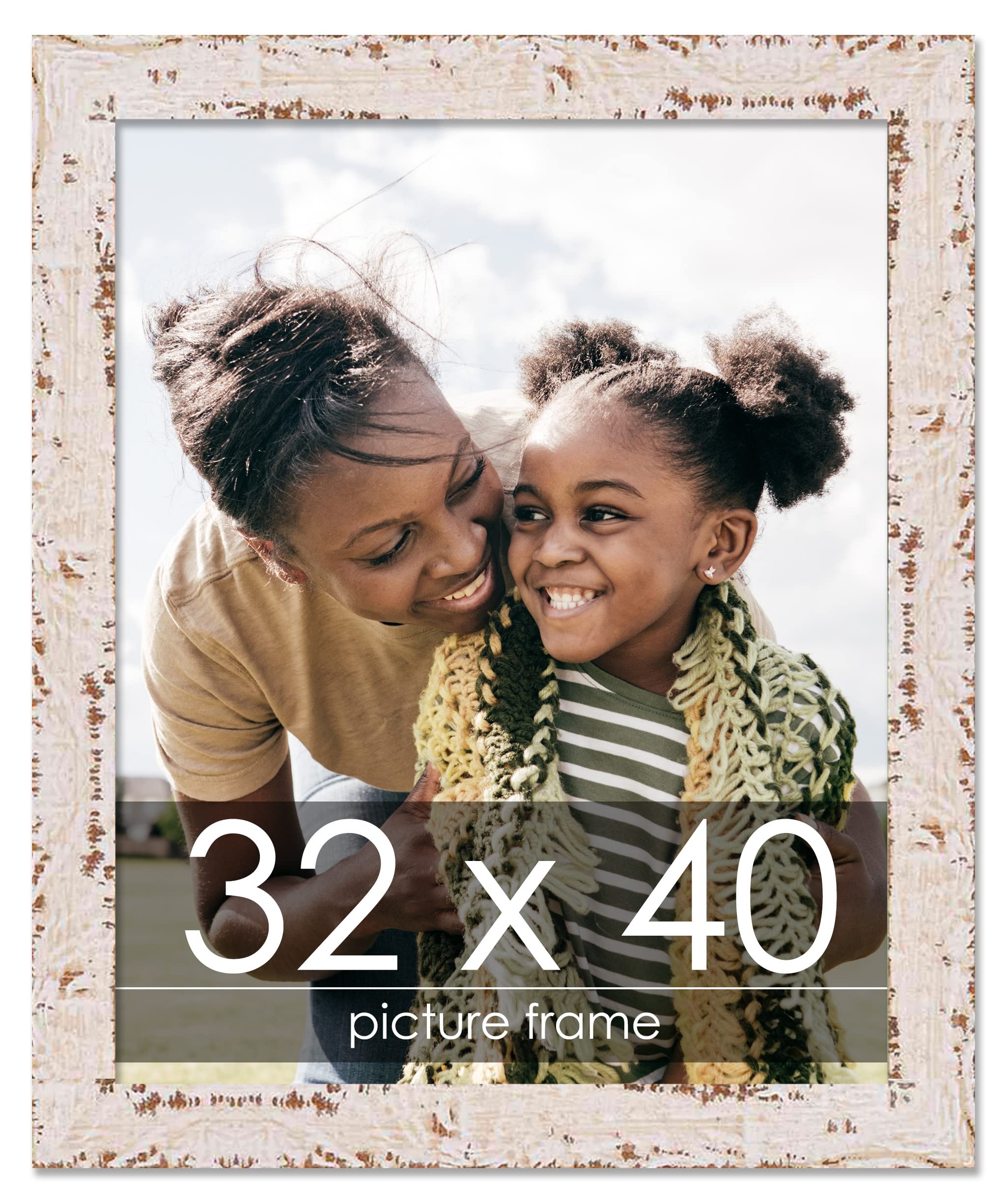 32x40 Rustic White Farmhouse Picture Frame - Solid Wood Shabby Chic Photo Frame with UV Acrylic, Foam Backing & Hanging Hardware - Perfect for Wall Art, Family Photos, Posters & Home Decor (32 x 40 Inches)