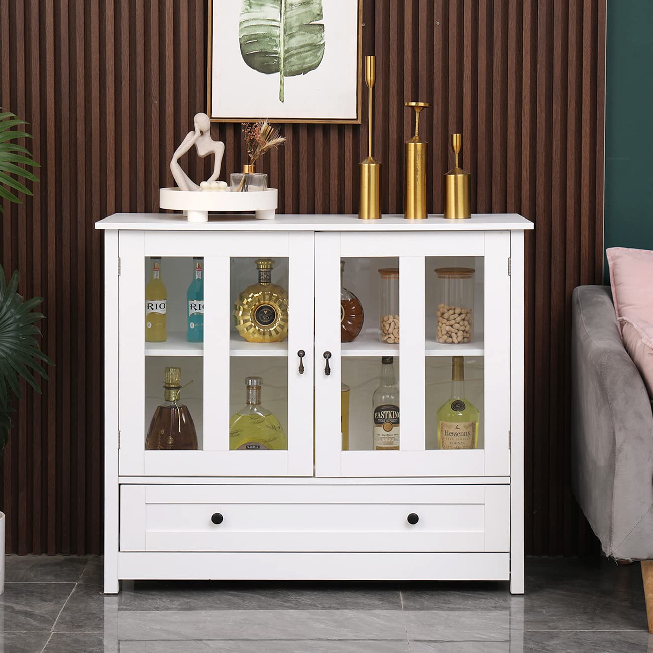 White Buffet Cabinet with Glass Doors & Drawers - Large Storage Sideboard for Dining Room, Living Room & Entryway - Wooden Credenza Console Table with Shelves - Perfect for Kitchen Storage, Pantry Organization & Home Decor Display