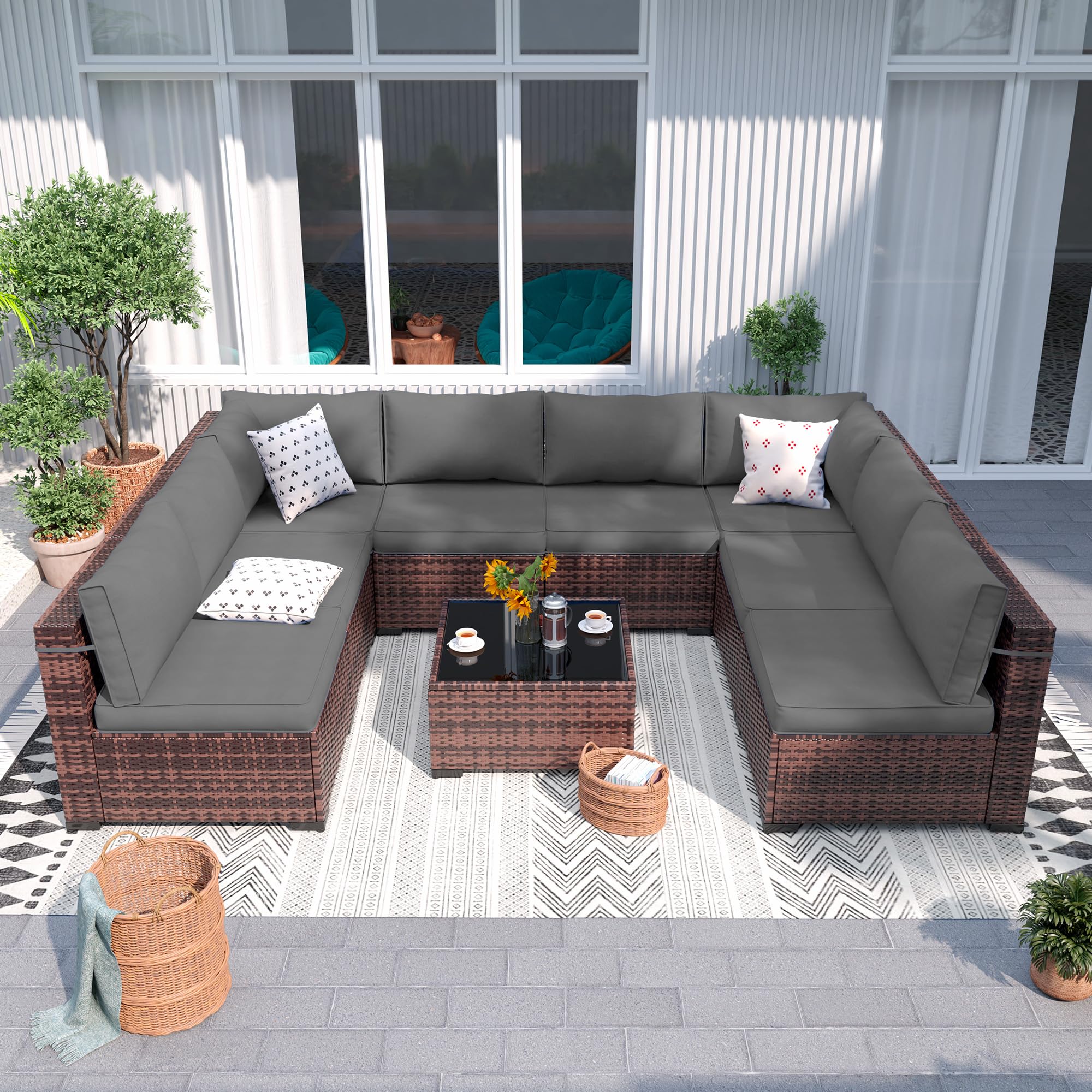 Amopatio 9-Piece All-Weather Outdoor Patio Furniture Set - Modern Wicker Sectional Sofa with Glass Coffee Table, Thick Gray Cushions & Waterproof Cover - Perfect for Backyard, Poolside & Garden Relaxation