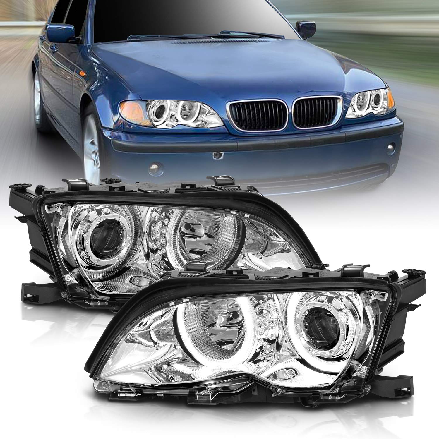AmeriLite BMW E46 Halo Projector Headlights - Chrome Pair for 02-05 Models - Upgrade Your Ride