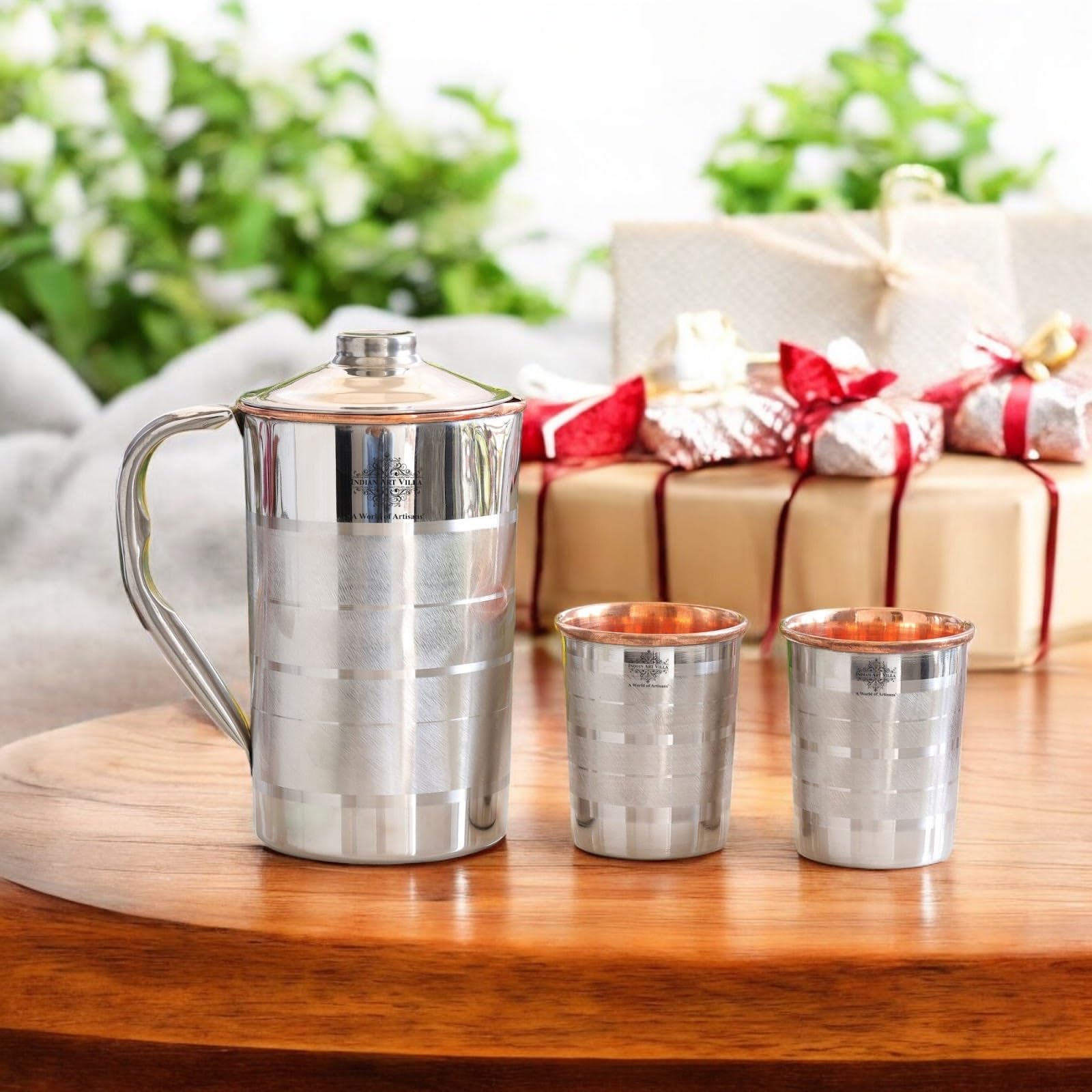 Luxury Indian Art Villa Steel Copper Drinkware Set - 1 Jug (50 Oz) & 2 Glasses (10 Oz) with Elegant Black Gift Box | Perfect for Diwali, Birthday Parties, Weddings & Home Decor | Premium Handcrafted Barware for Cocktails, Juice & Water Serving