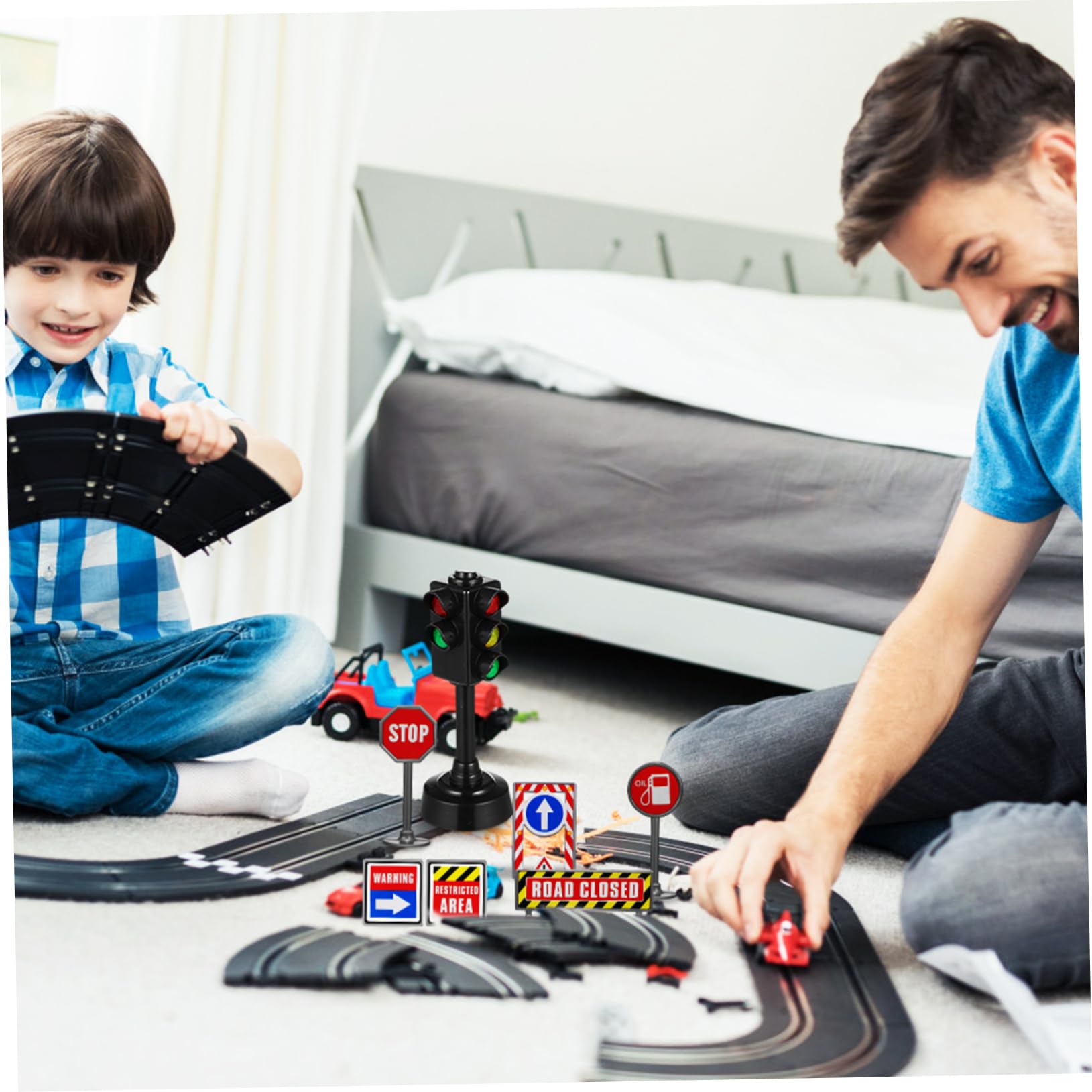 Kids Mini Traffic Toys Set - Mini Road Cones, Road Signs, Traffic Signal Light, Street Sign with Sound & Light, Plastic Educational Toys for Indoor & Outdoor Play