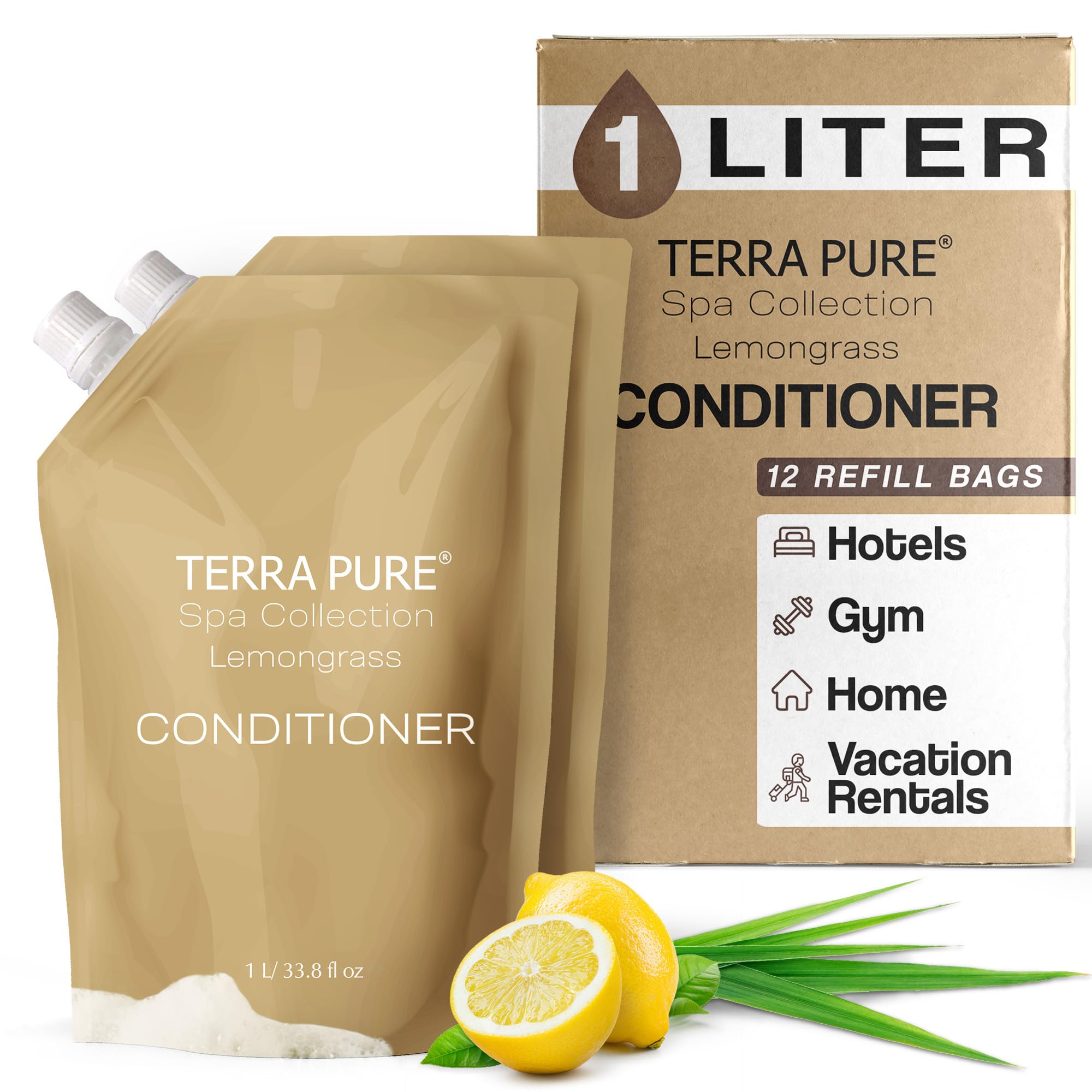 Terra Pure Spa Collection Conditioner Refill - 1 Liter (12 Pack) - Moisturizing & Nourishing Hair Care, Paraben-Free & Sulfate-Free - For Salons, Spas & Home Use