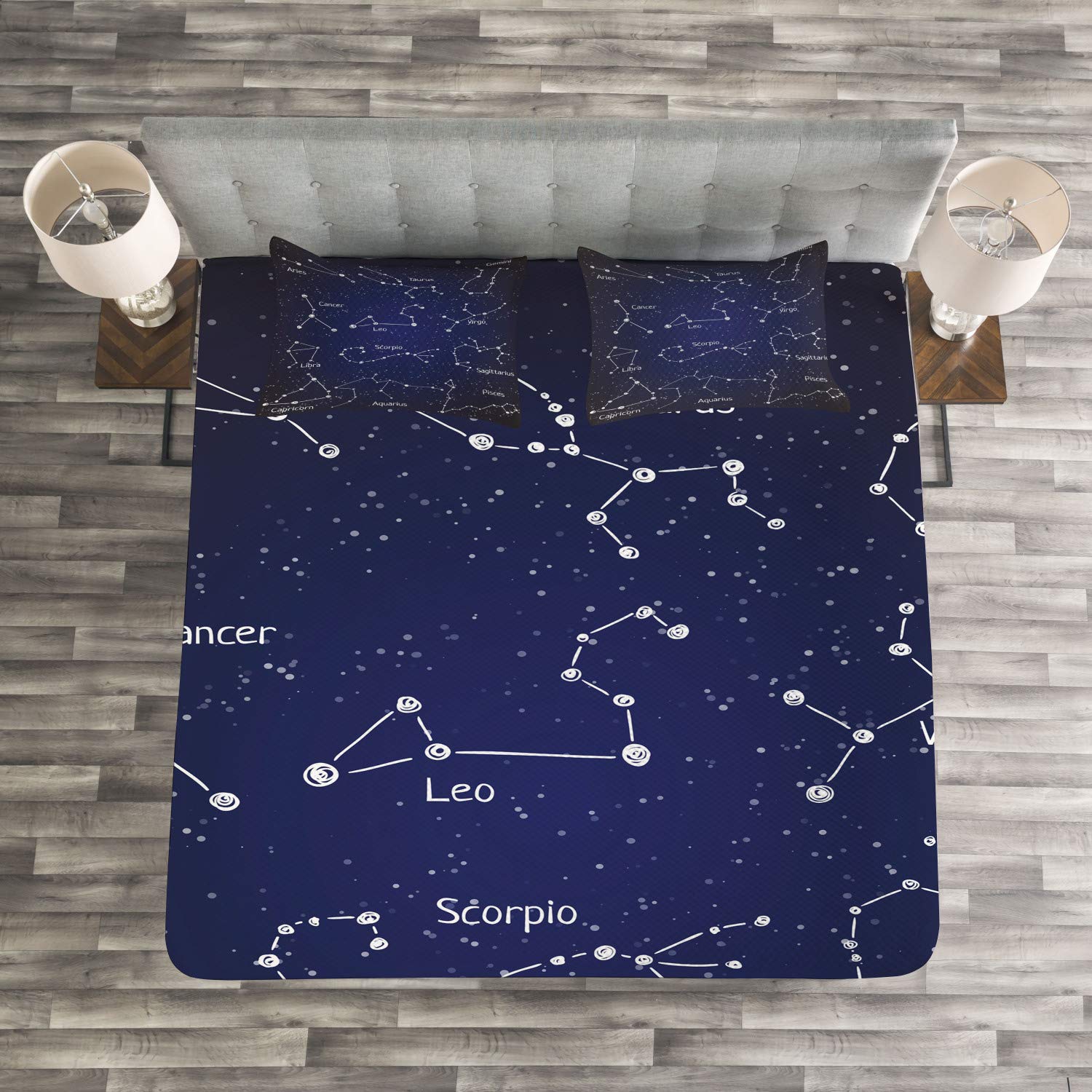 Ambesonne 3-Piece King Size Constellation Bedspread Set with 2 Pillow Shams | Zodiac Star Clusters & Sign Names in Doodle Chalk Style | Dark Blue, Blue & White Decorative Bedding | Perfect for Astronomy Lovers' Bedroom Decor