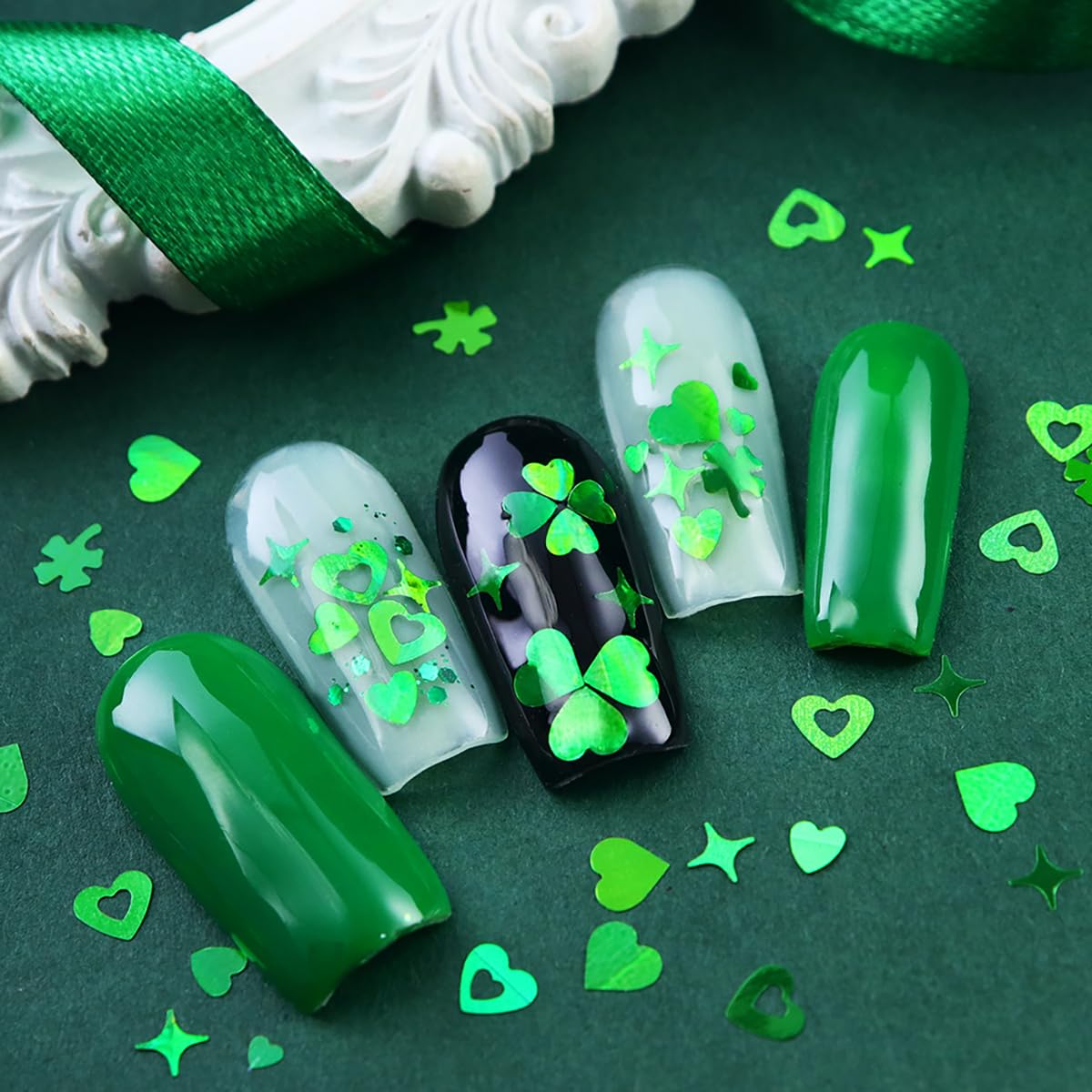12Grids St. Patrick's Day Nail Art Glitters Sequins - 3D Holographic Irish Shamrock, Green Clover Leaf, Heart & Star Nail Decorations for DIY Manicure | Perfect for Nail Salons, Party Nail Art & Festival Makeup