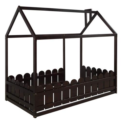 **Solid Wood Twin Bed Frame with Safety Fence - Cabin Style Floor Bed for Kids, Nursery Furniture & Play Tent - Espresso Finish - Perfect for Toddler Rooms, Montessori Bedrooms & Cozy Play Areas**