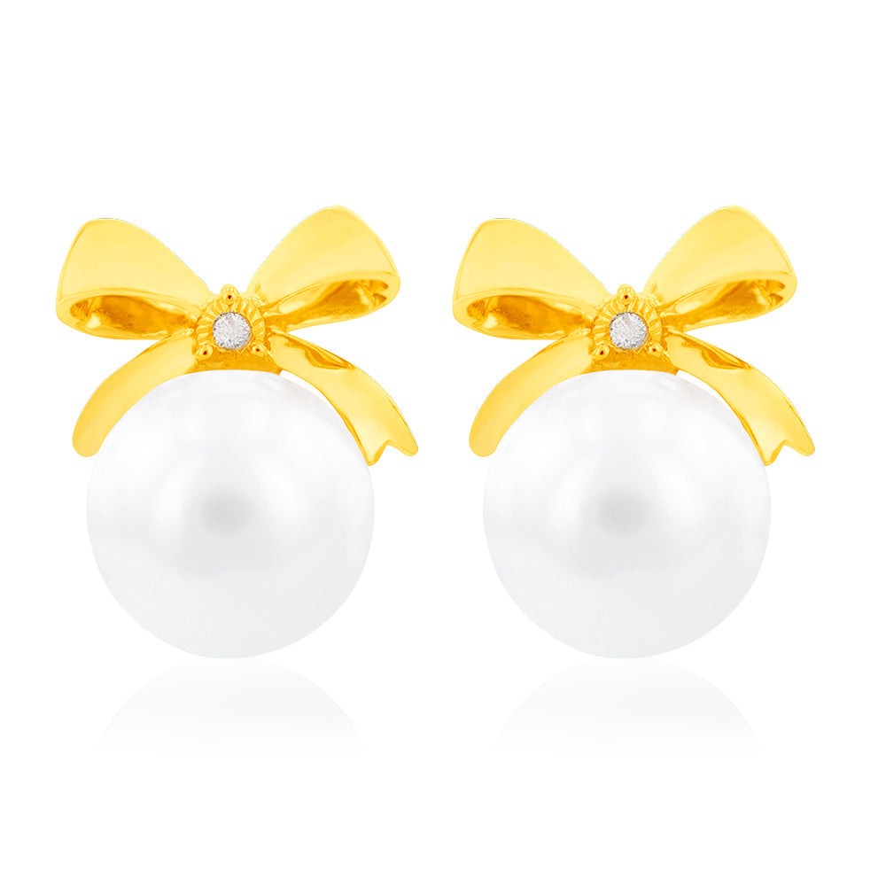 9ct Yellow Gold 11.5-12mm White South Sea Pearl and Diamond Bow Stud Earrings - Elegant Jewelry for Weddings, Parties & Special Occasions