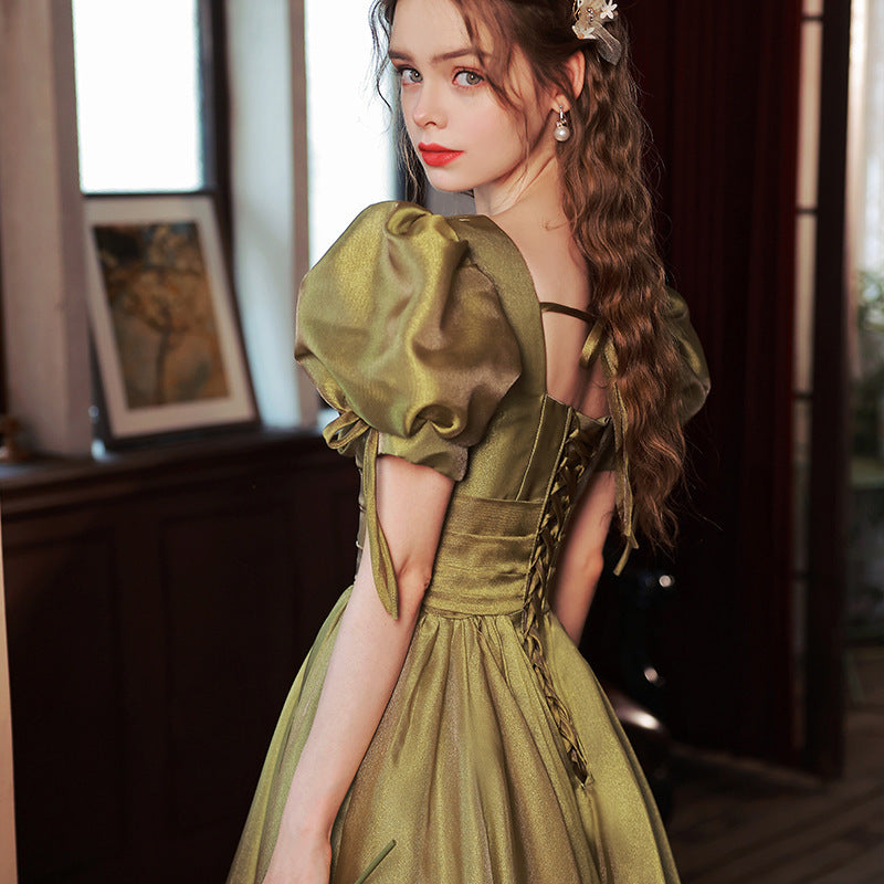 Elegant Green Puff Sleeves Satin Long Prom Dress Ball Gown for Evening Party | Formal Dance, Homecoming, Wedding Guest Dress