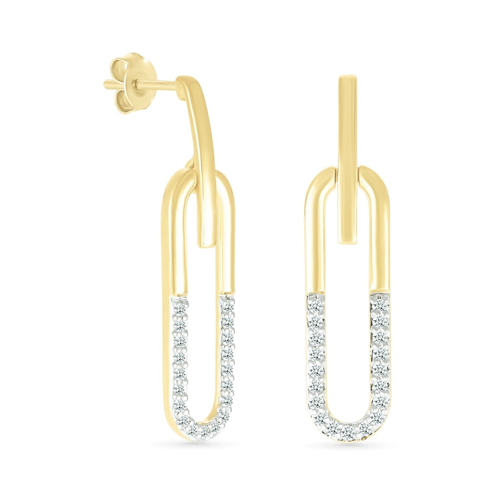10k Yellow Gold Dangling Paperclip Diamond Stud Earrings - Elegant & Durable for Everyday Wear, Parties & Special Occasions