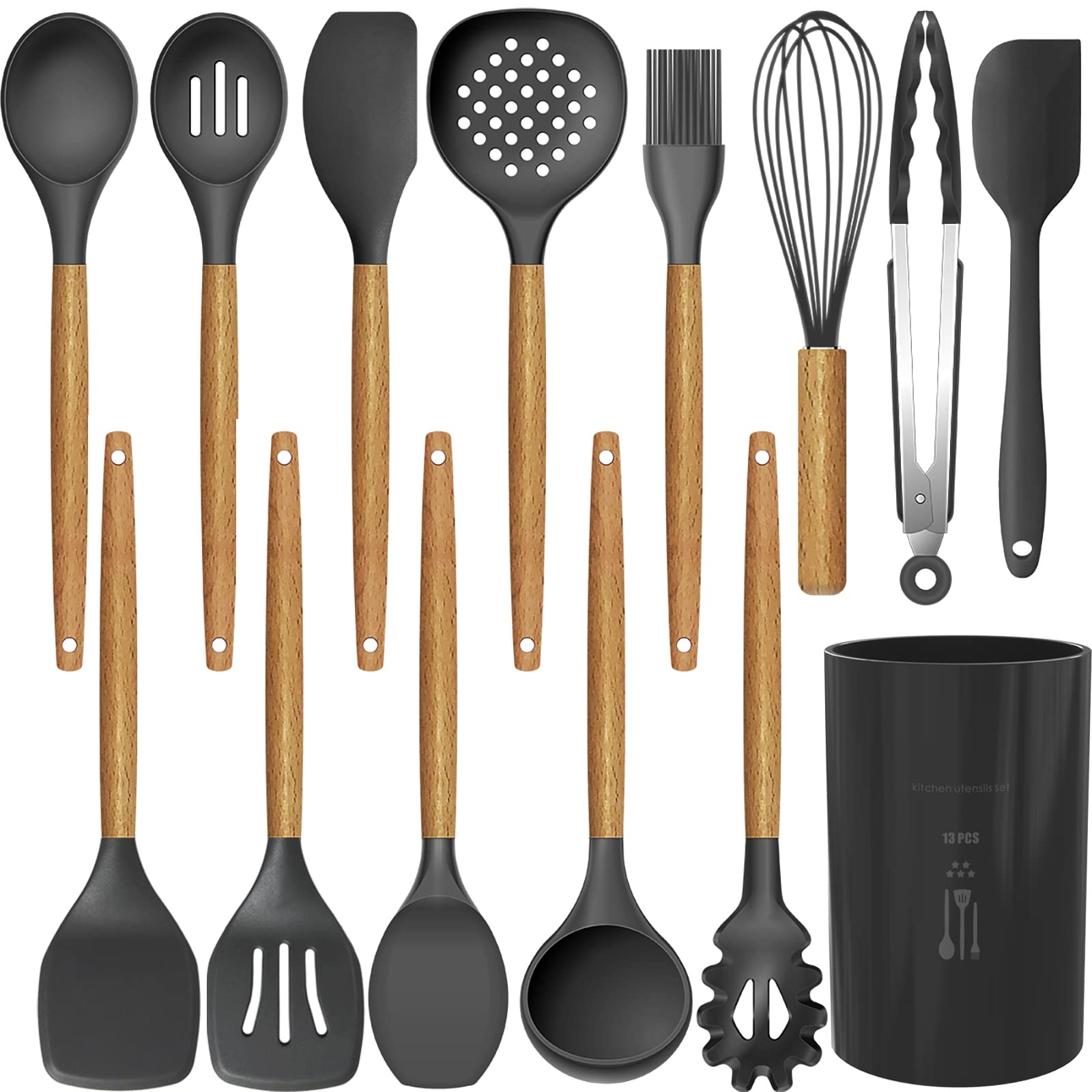 Premium Silicone Cooking Utensil Set - 6-Piece Heat Resistant Kitchen Tools with Wooden Handle & Holder, BPA-Free Non-Stick Safe Spatulas for Baking, Frying & Cooking - Perfect for Induction Cooktops & Ceramic Pans