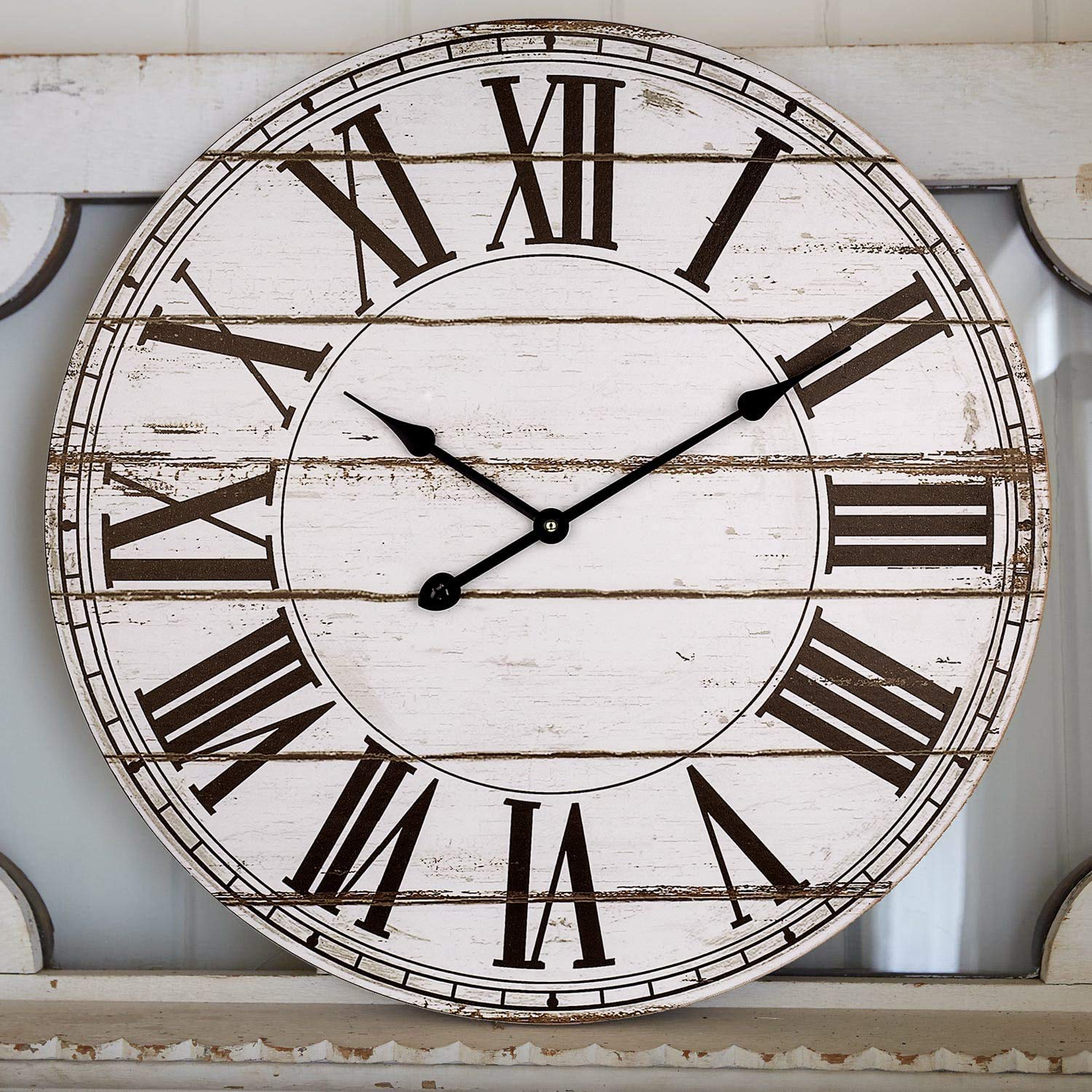 BEW 24 Inch Large Rustic Farmhouse Wall Clock - Distressed Shiplap Silent Non-Ticking White Wooden Clock for Living Room, Bedroom & Office Decor | Perfect for Home, Kitchen & Workspace
