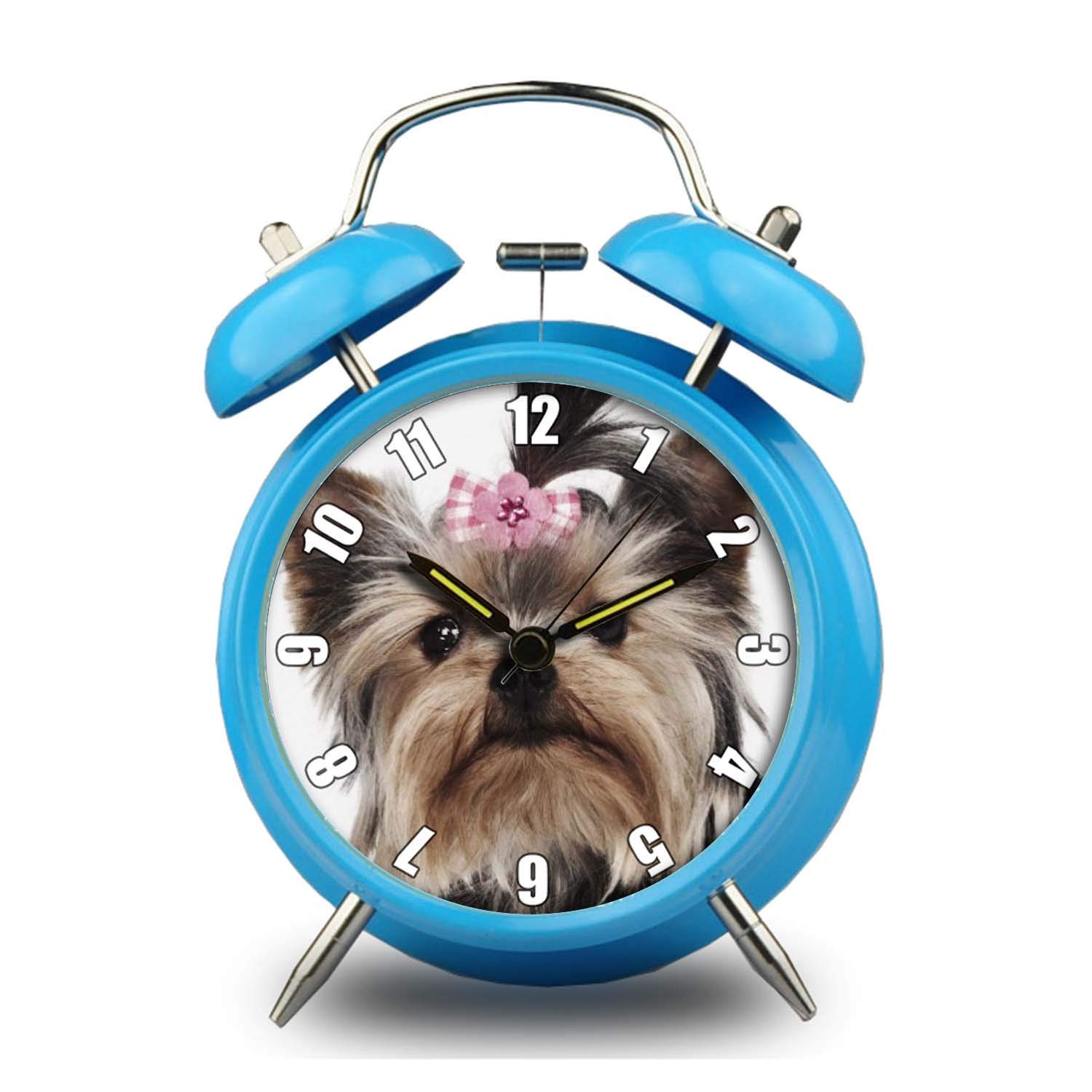 Vintage Double Bell Alarm Clock for Kids - 4 Color Cute Round Retro Design, Loud Ringing, Perfect for Bedroom, Desk & Table Decor | Yorkshire Terrier Dog Portrait Blue Clock - Ideal Gift for Children's Room, Office & Home Use
