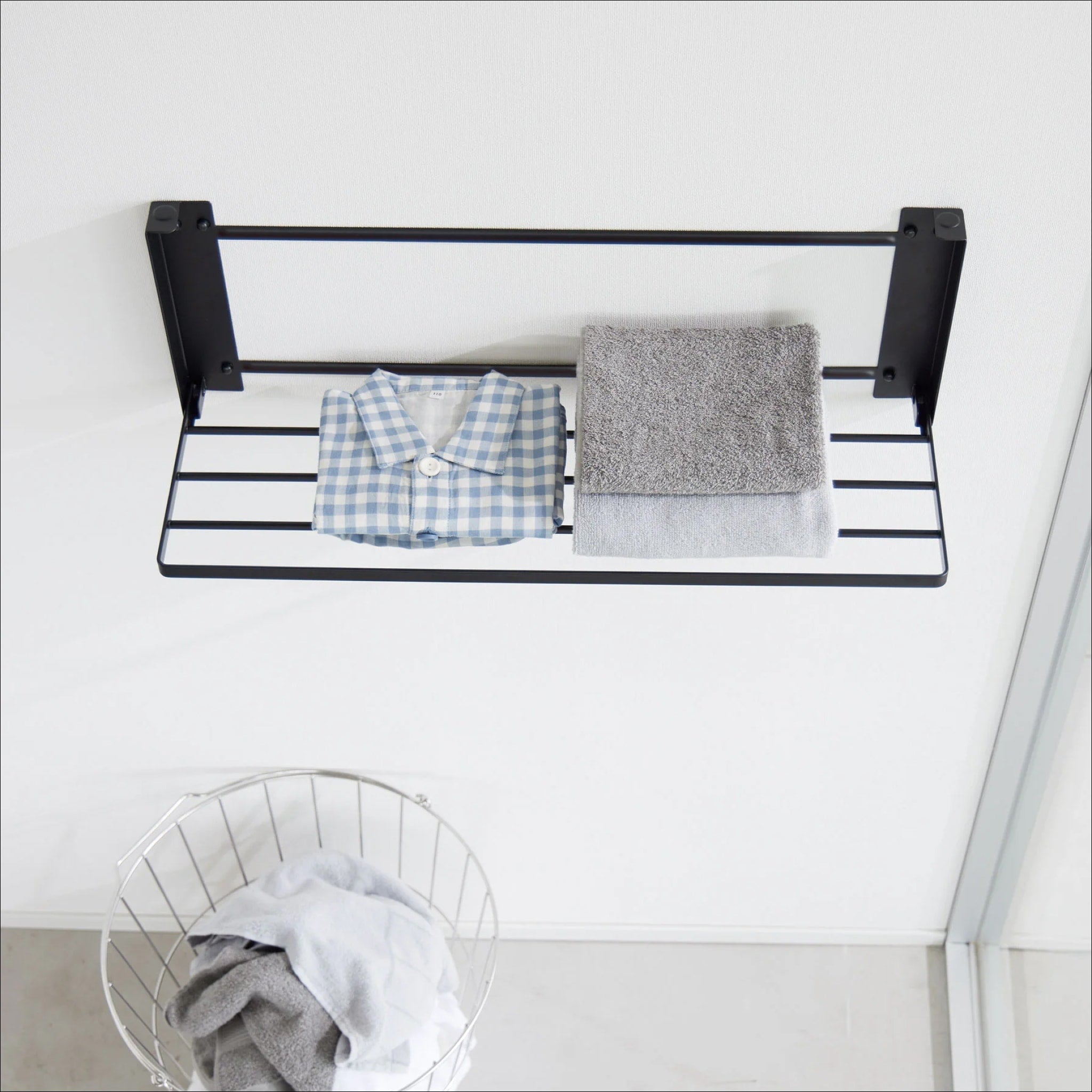 YAMAZAKI Space-Saving Wall Mounted Folding Clothes Rack - Black | Compact Laundry Drying Rack for Small Apartments, Bathrooms & Closets | Perfect for Air-Drying Clothes, Towels & Delicates