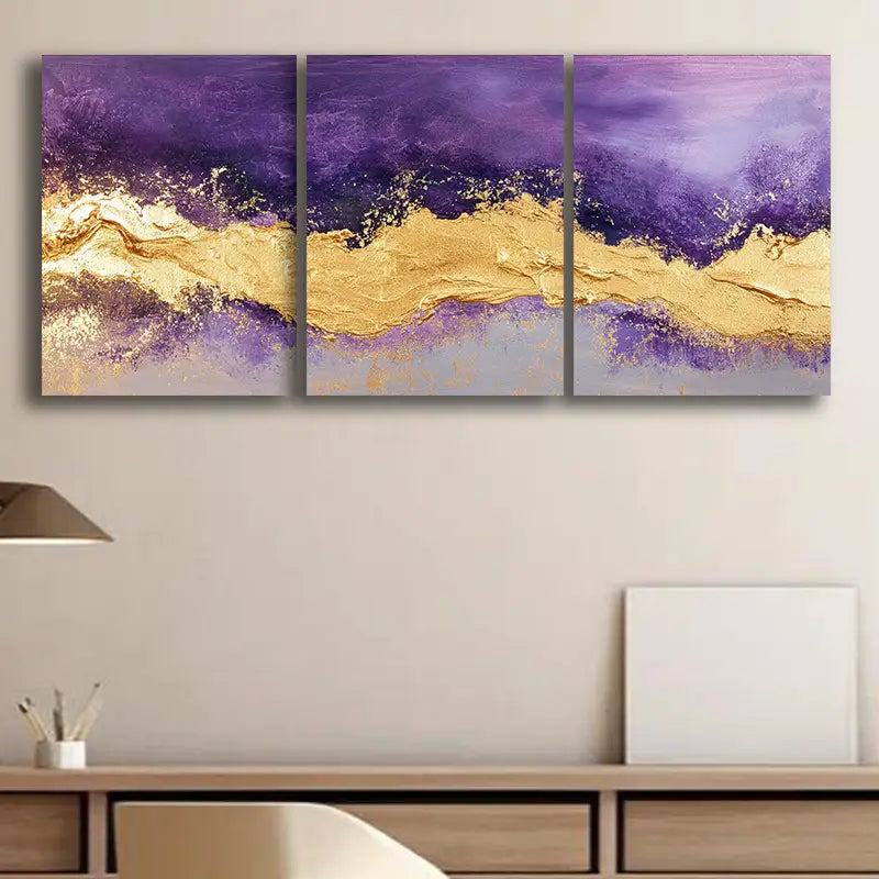 3pcs Purple and Gold Metal Wall Art Prints - Ready to Hang Modern Home Decor for Living Room, Bedroom & Office