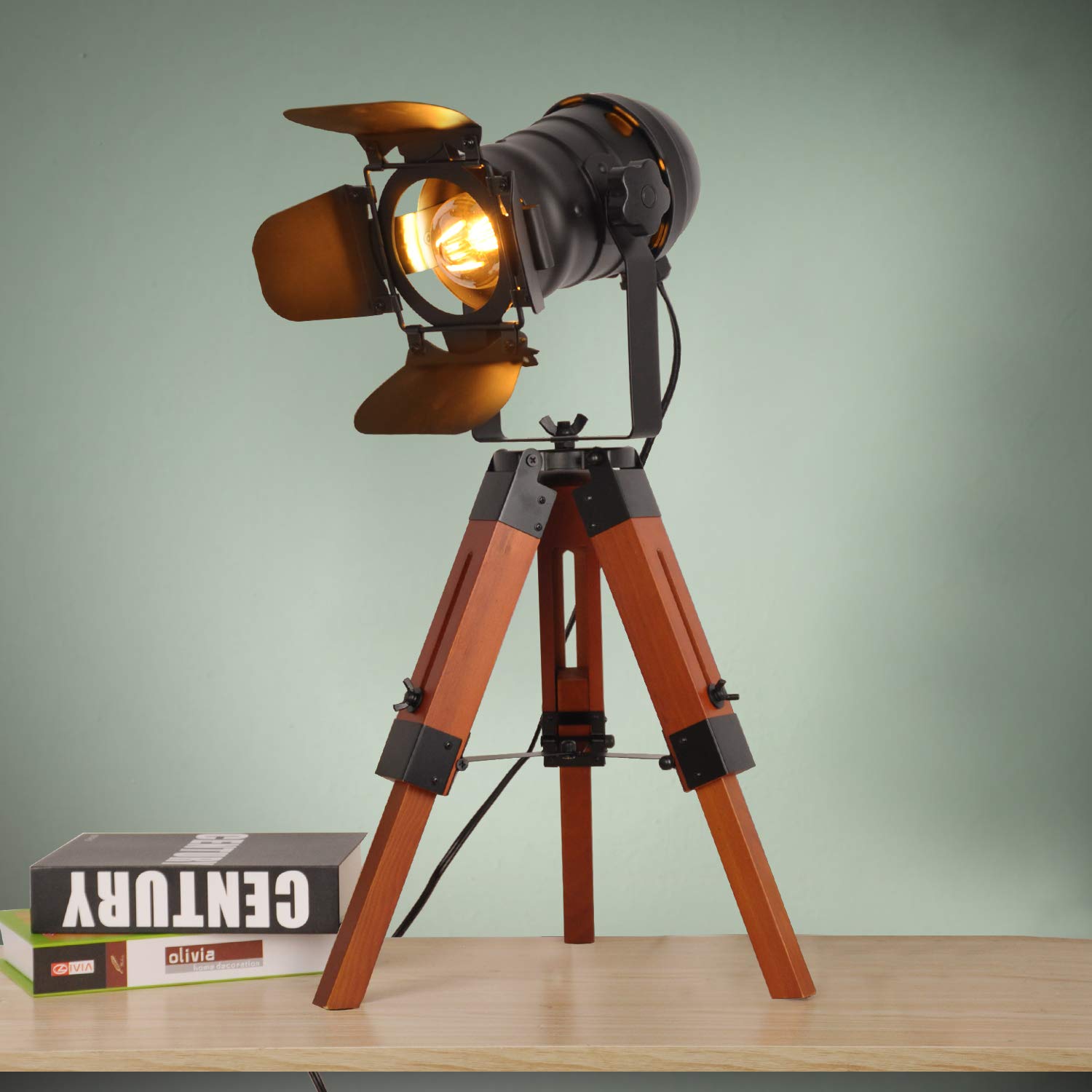 Vintage Industrial Tripod Camera Table Lamp - Wood Cinema Searchlight Farmhouse Standing Light Fixture - Nautical Spotlight Decor for Living Room, Office, Studio & Home Theater - No E26 Bulbs Included