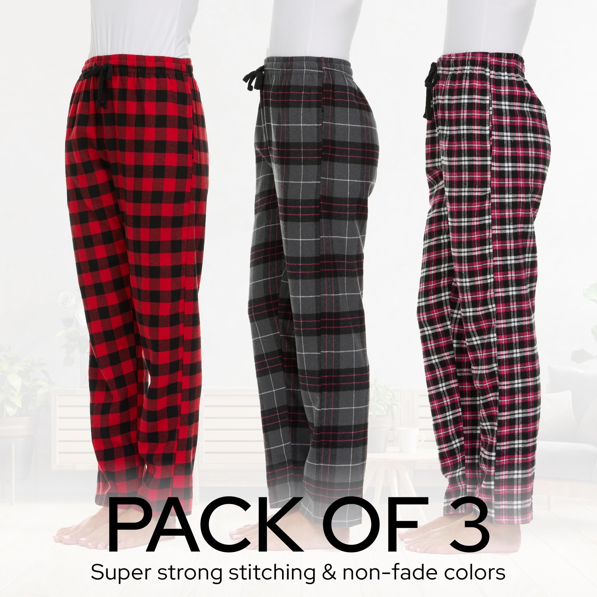 Women's Flannel Plaid Pajama Pants - 3 Pack Soft Cotton Blend Lounge Pants for Sleeping, Relaxing & Home Comfort - Cozy Winter Sleepwear for Women