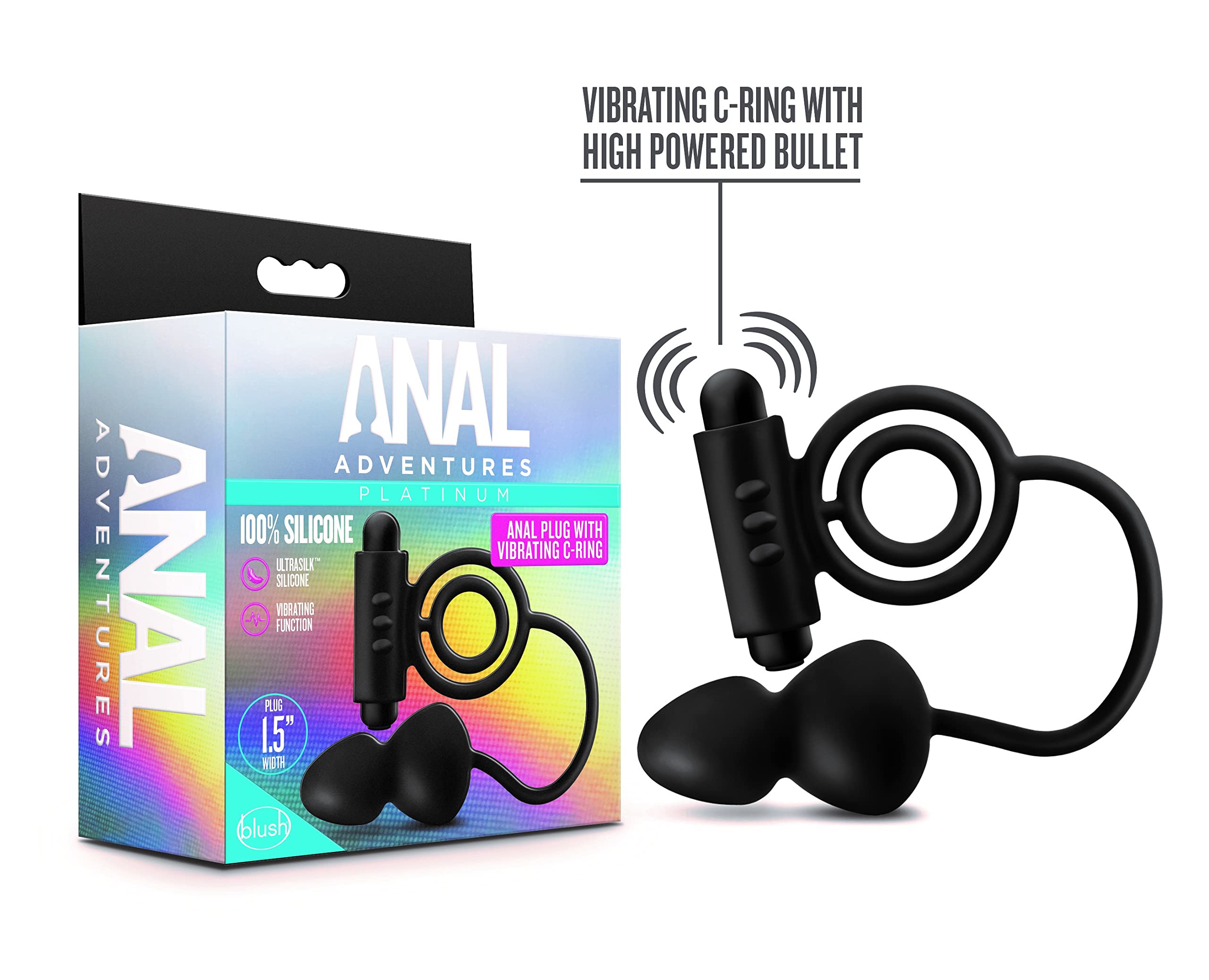 Blush Novelties Anal Adventures Platinum - Silicone Anal Plug with Vibrating C-Ring | Prostate Massager for Men & Couples | Black | Enhance Intimacy & Pleasure in Bedroom Play