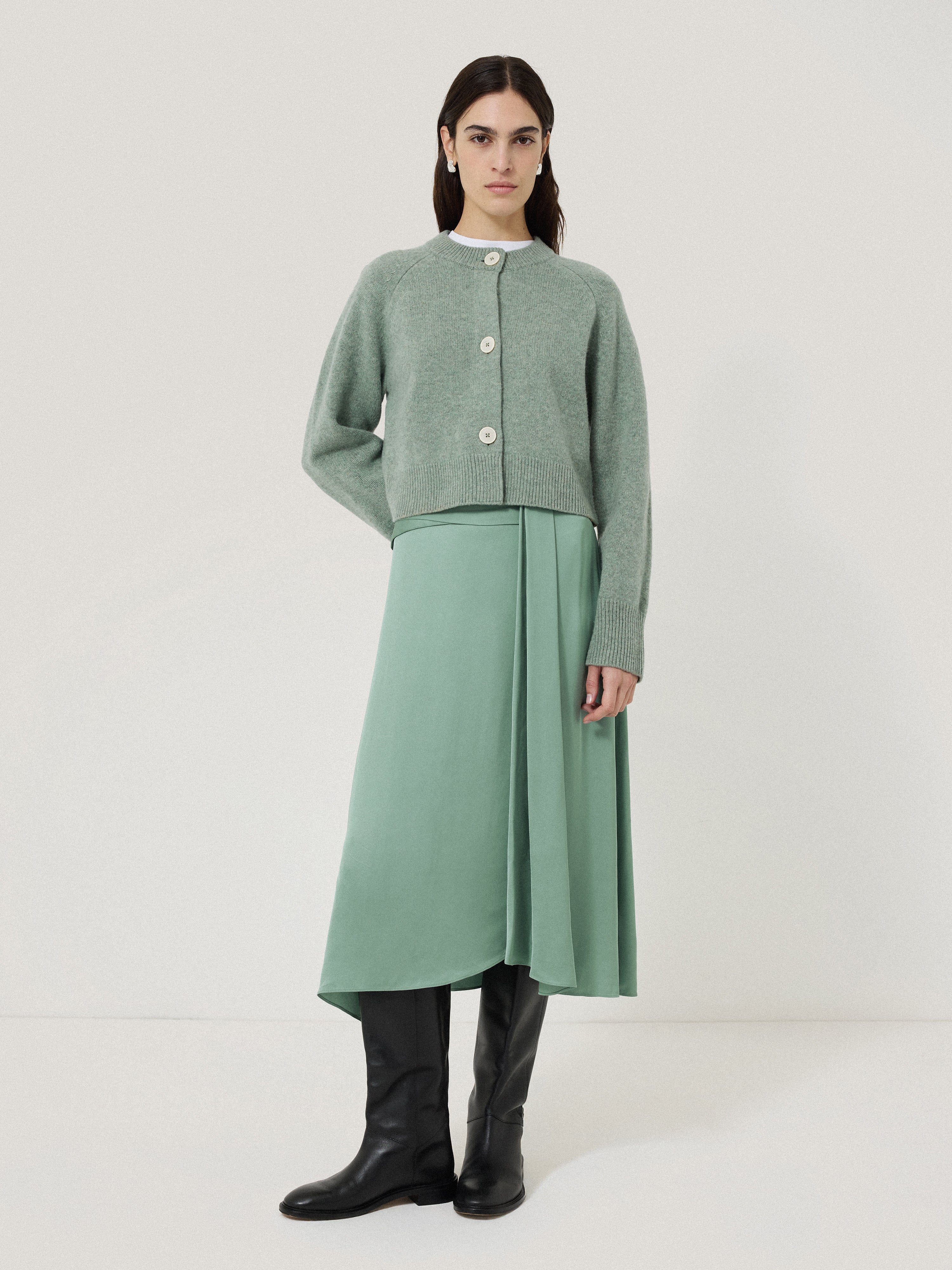 Elegant Green Satin Crepe Waist Detail Skirt for Women | Flowy Midi Skirt with Elastic Waistband | Perfect for Office Wear, Date Night & Special Occasions