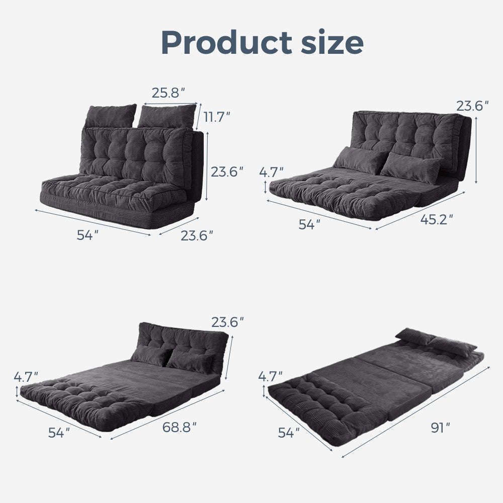 MAXYOYO Tufted Bean Bag Sofa Bed with Pillows - Foldable Floor Couch for Living Room, Bedroom & Dorm - Dark Grey - Perfect for Lounging, Gaming & Relaxation