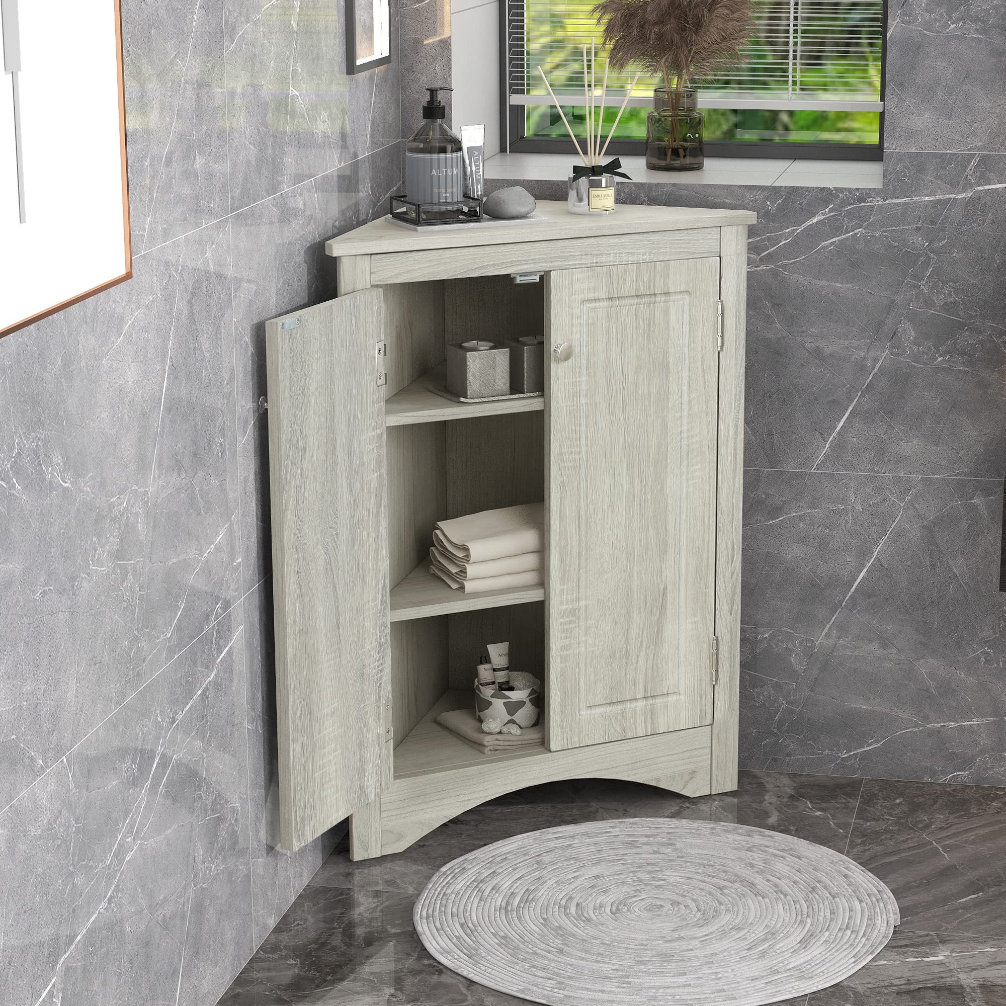 P PURLOVE Adjustable Shelf Bathroom Storage Cabinet - Freestanding Triangle Floor Organizer for Bathroom, Kitchen & Living Room - Oak Finish with Ample Storage Space - Perfect for Small Spaces & Home Organization