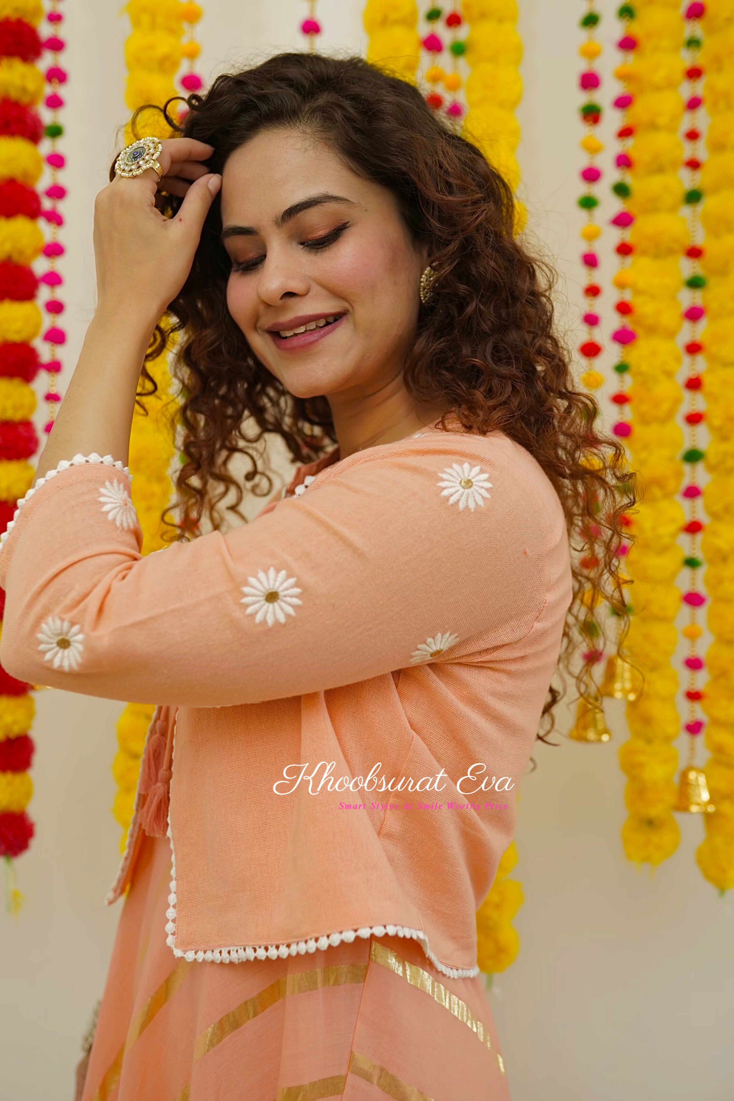 Elegant Peach & White Embroidered Jacket and Maxi Dress Set (2-Piece) - Perfect for Weddings, Parties & Special Occasions