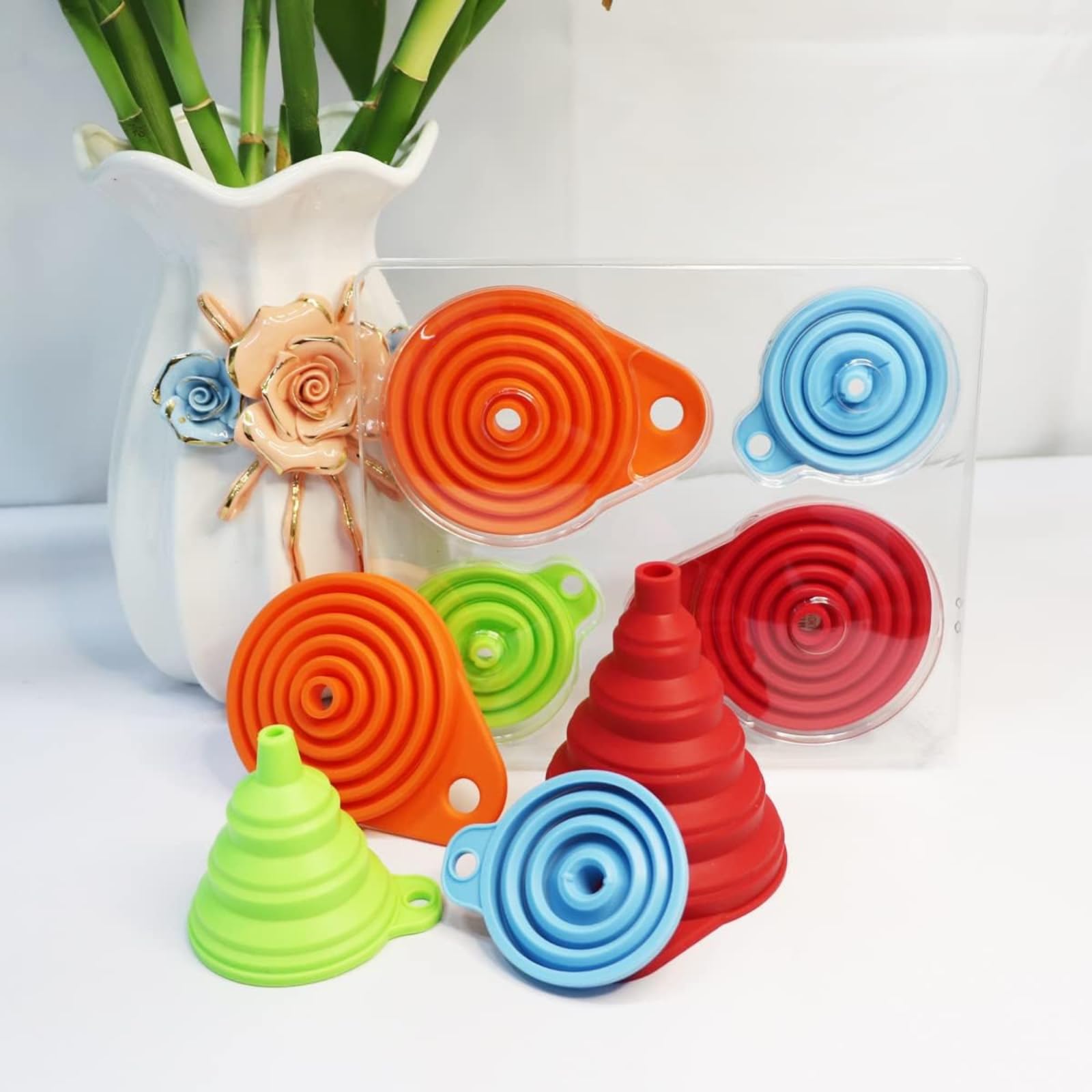 TASMAX Flexible Silicone Funnel - Foldable Mushroom Shape Kitchen Funnel for Oil, Liquids & Powder Transfer - Heat Resistant & Reusable - Pack of 3 - Perfect for Cooking, Baking, Auto Maintenance & DIY Projects