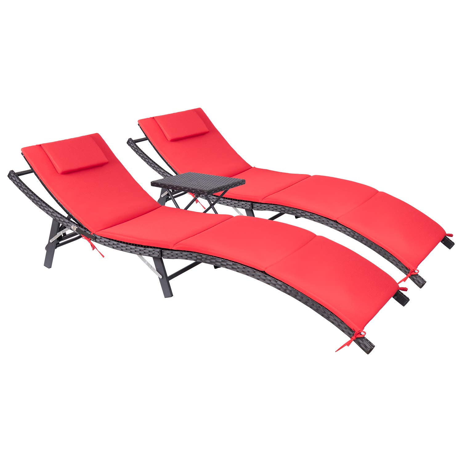 Devoko 3-Piece Outdoor Patio Chaise Lounge Set with Adjustable Back & Folding Table - Rattan Wicker Furniture with Cushions (Red) for Poolside, Garden, Backyard Relaxation