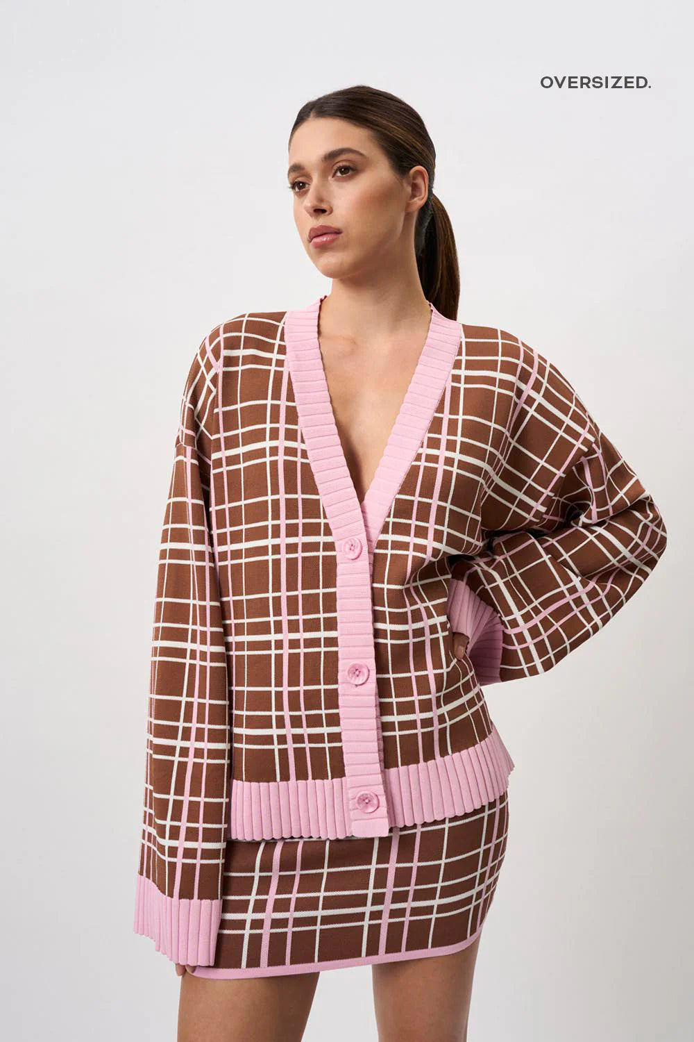 Carolina Check Knit Cardigan Sweater - Brown & Pink Color | Cozy Fall & Winter Fashion for Women
