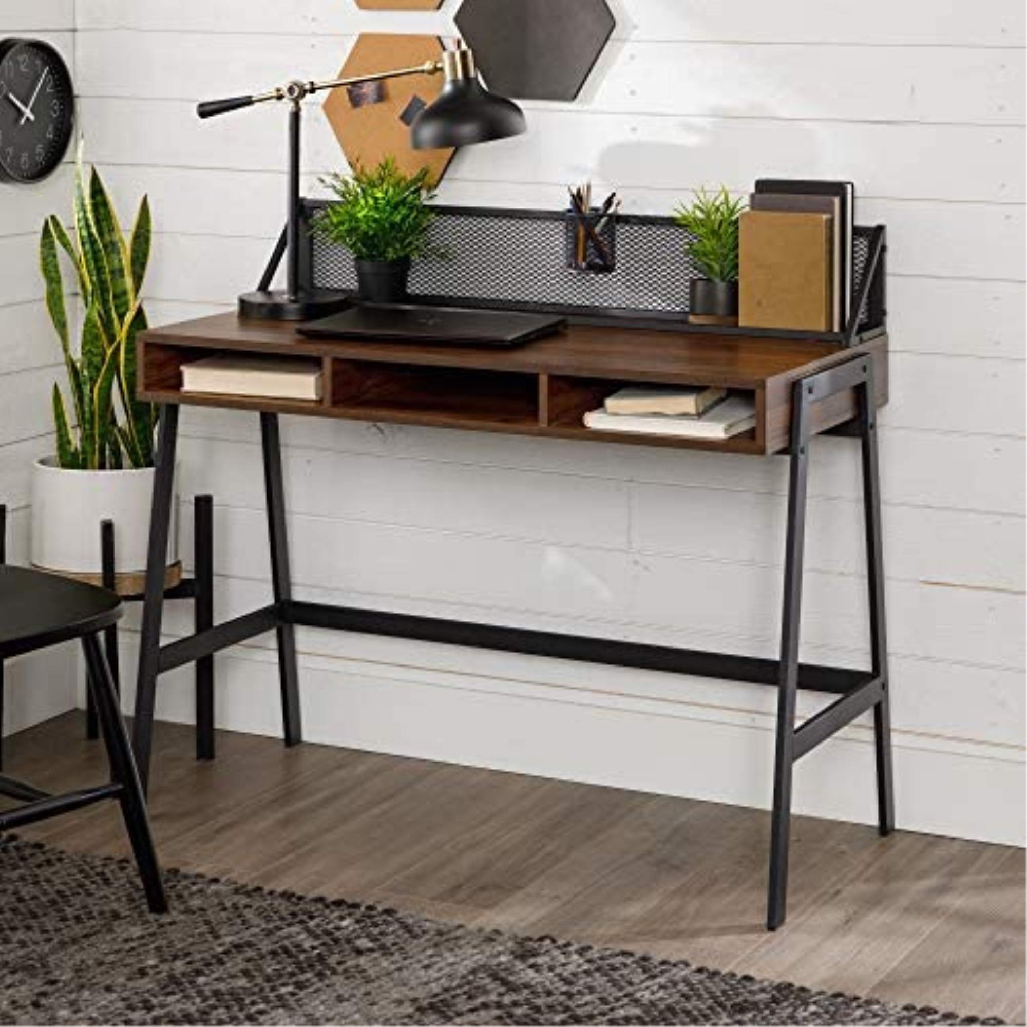 Walker Edison 42 Inch Industrial Mesh Wood Laptop Desk - Dark Walnut Home Office Workstation for Small Spaces, Compact Writing Table for Modern Living Rooms and Dorm Rooms
