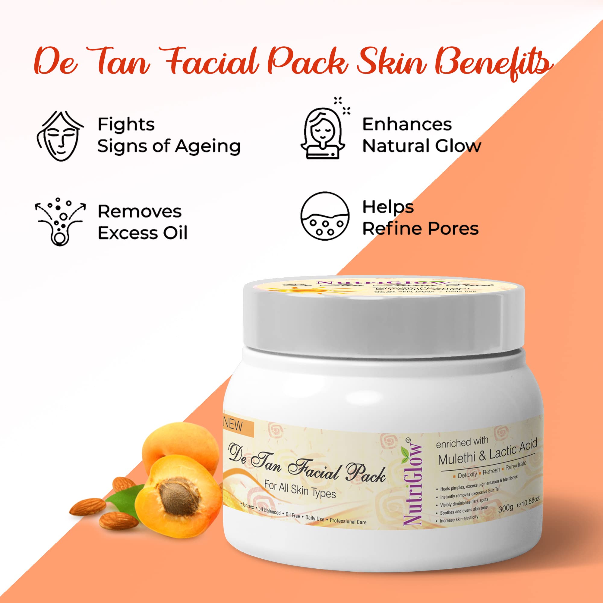 NutriGlow De Tan Facial Pack with Mulethi & Lactic Acid - Tan Removal, Exfoliation, Acne Treatment for All Skin Types (300g) | Brightens Skin, Reduces Blemishes & Pimples | Perfect for Daily Skincare & Post-Sun Care Routine