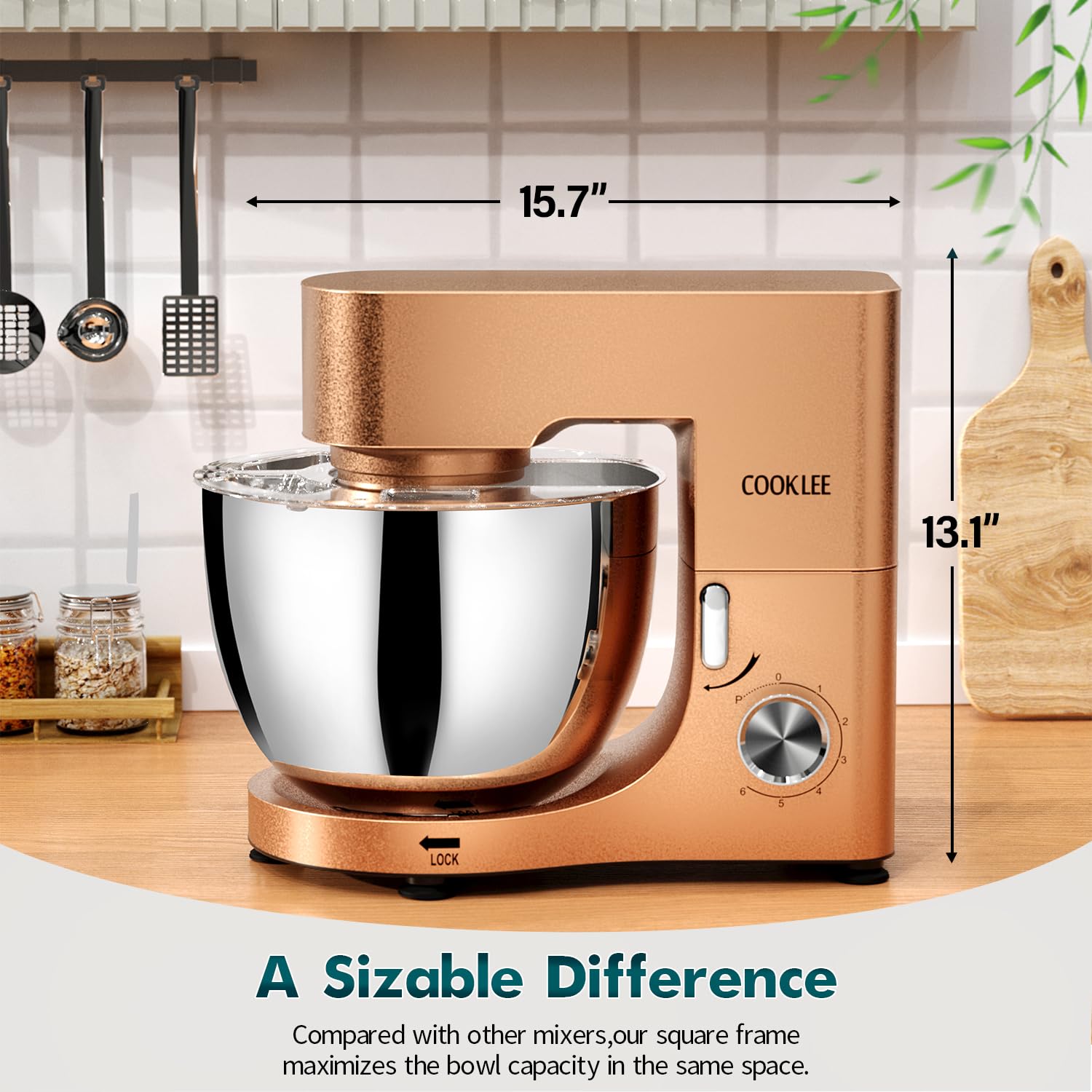 COOKLEE 9.5 Qt 660W Stand Mixer - Professional Electric Kitchen Mixer with Dishwasher-Safe Dough Hook, Flat Beater, Wire Whip & Pouring Shield Attachments - Perfect for Baking Bread, Cakes, Cookies & More - Champagne Color