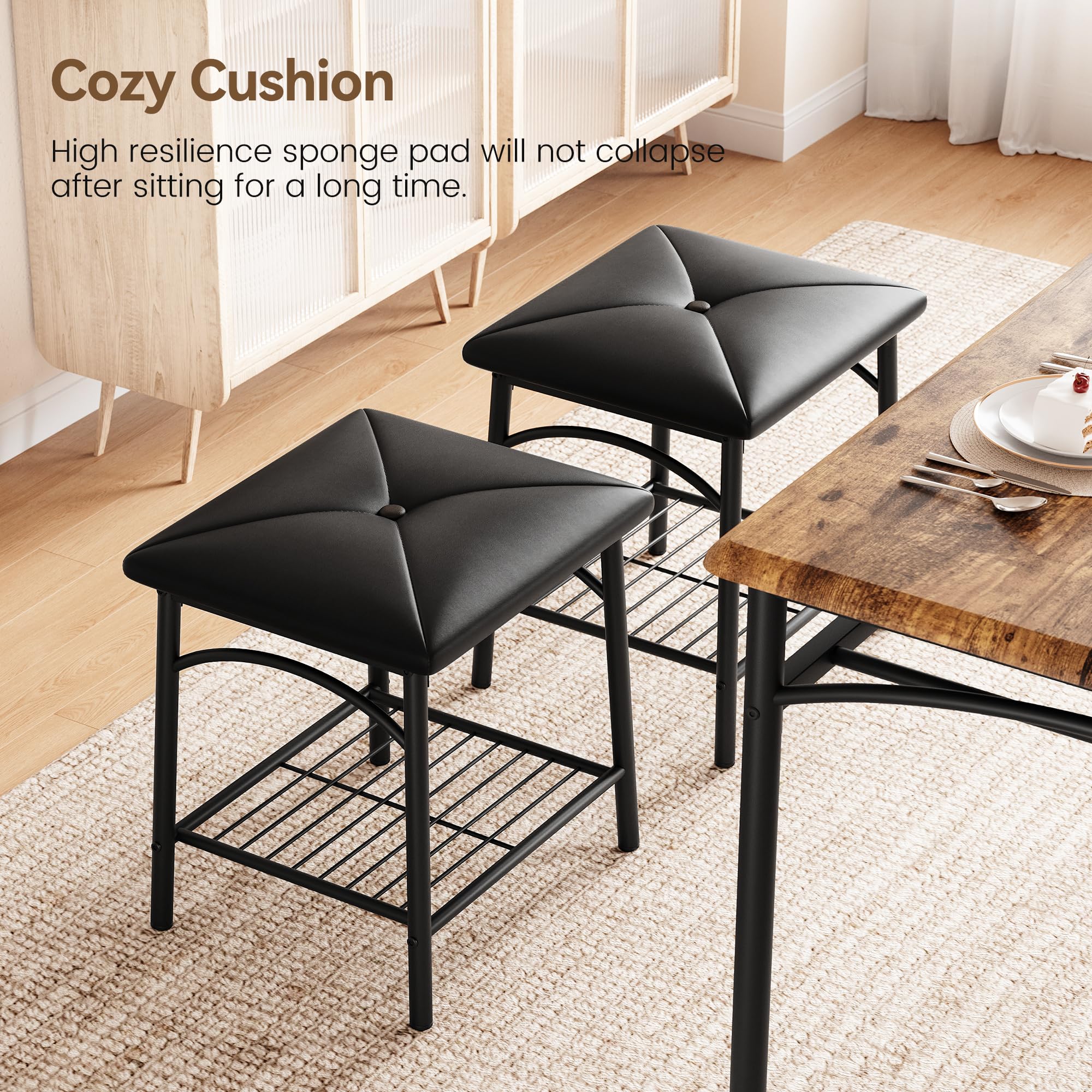 IDEALHOUSE 4-Piece Rustic Brown Dining Table Set with Upholstered Bench & Square Stools - Space Saving Kitchen Table for Small Apartments | Perfect for Breakfast Nooks, Compact Dining Areas & Cozy Family Meals