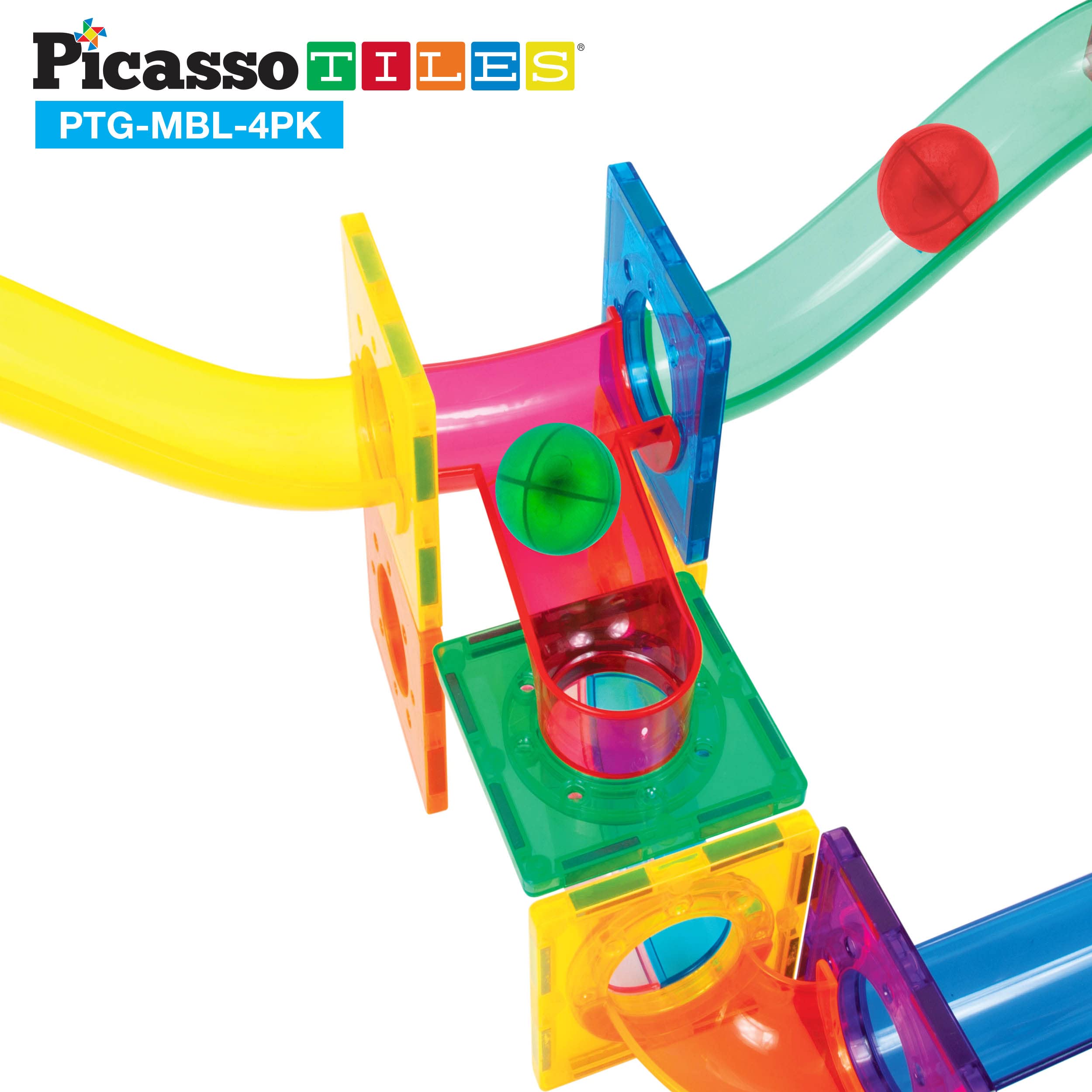 PicassoTiles 4-Piece Marble Run Set for Magnetic Building Blocks - STEM Educational Construction Toy with Race Track & Maze for Boys & Girls Ages 3+ - Perfect for Creative Play, Early Learning & Family Game Nights