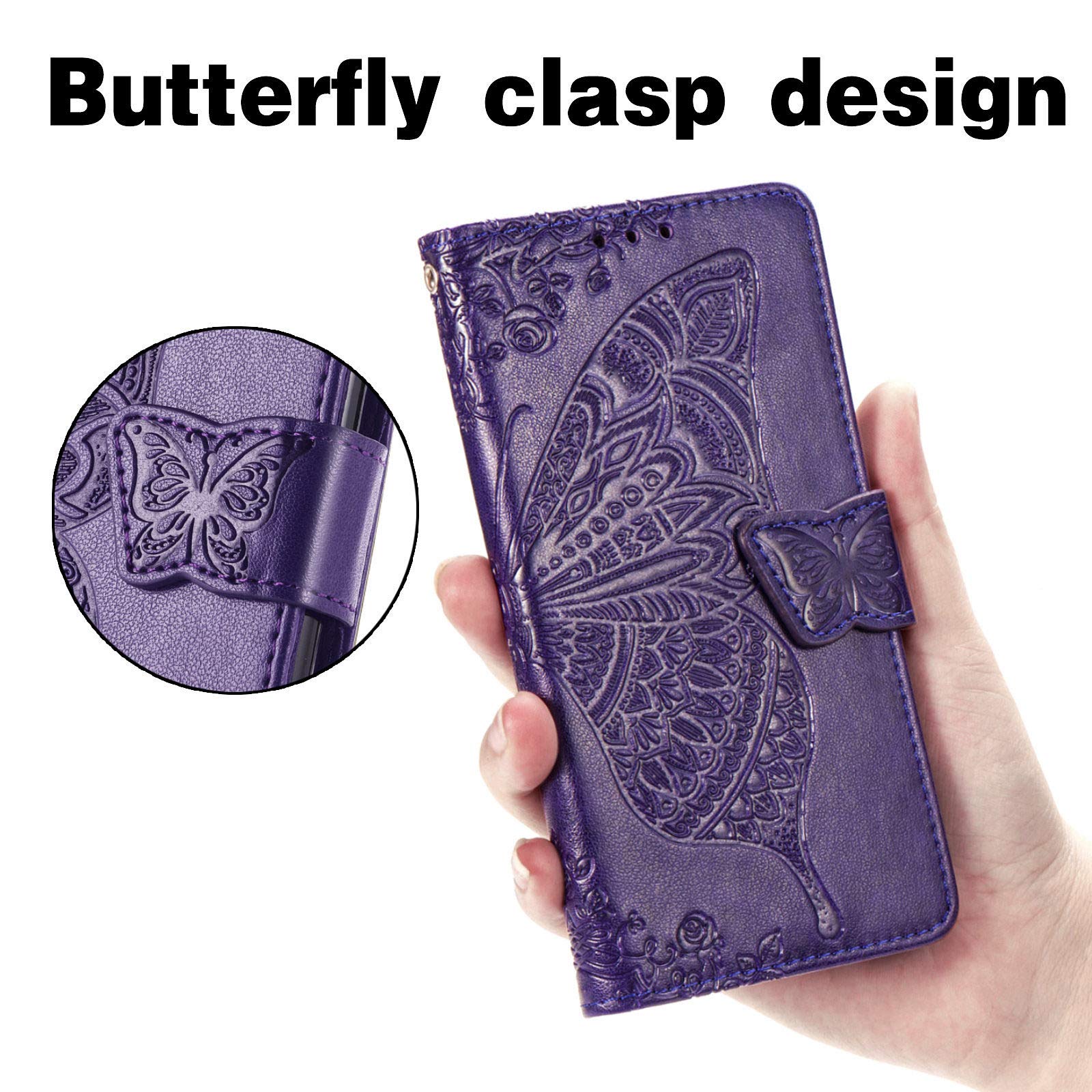 Premium PU Leather Flip Wallet Case for iPhone 15 with Wrist Strap - Credit Card Holder, Kickstand & Embossed Butterfly Flower Design (Purple) | Perfect for Everyday Use, Travel & Hands-Free Convenience