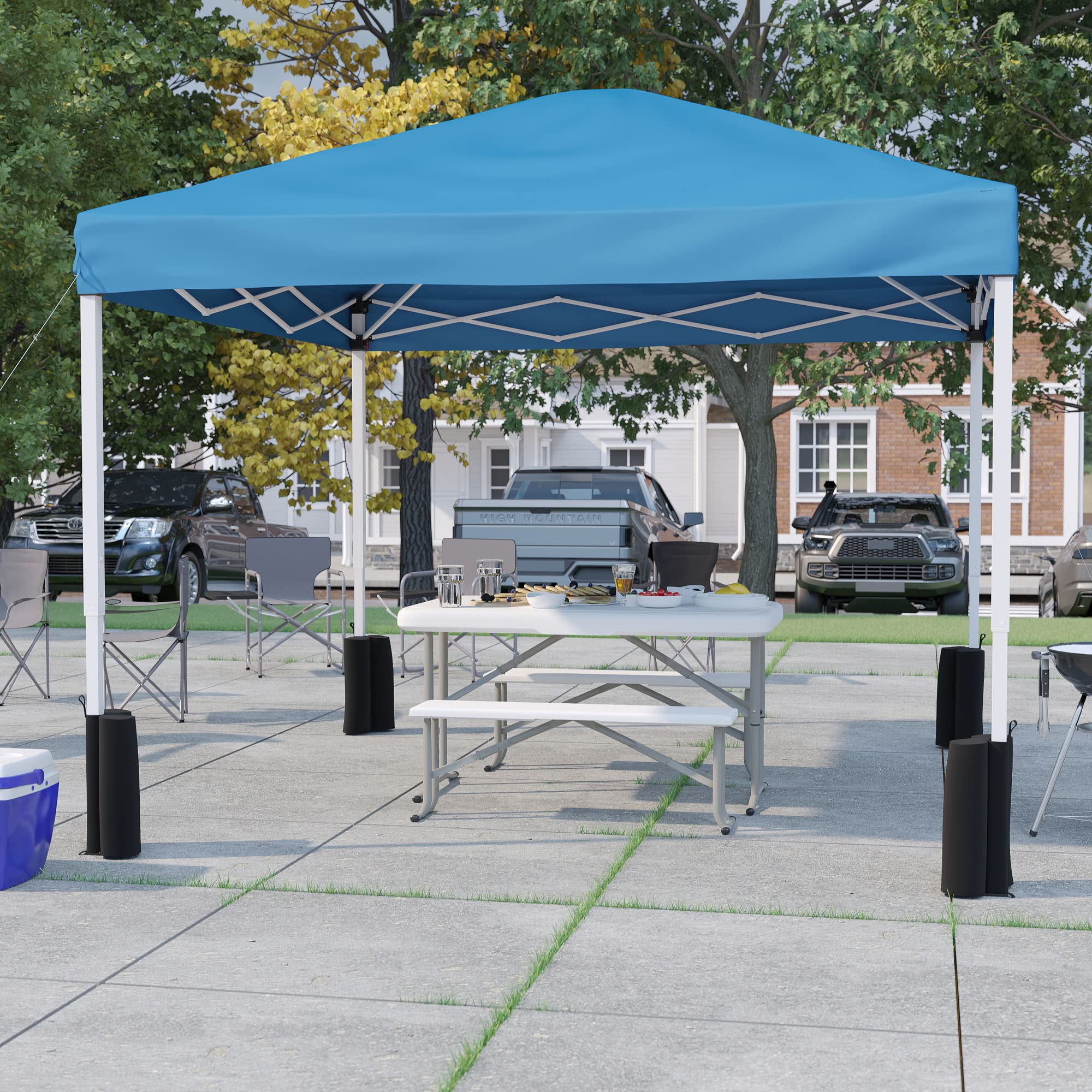 Flash Furniture Harris 10'x10' Blue Pop Up Canopy Tent with Wheeled Carry Case & Folding Bench Set - Portable Outdoor Shelter for Tailgating, Camping, Beach Parties, Farmers Markets & Backyard Events