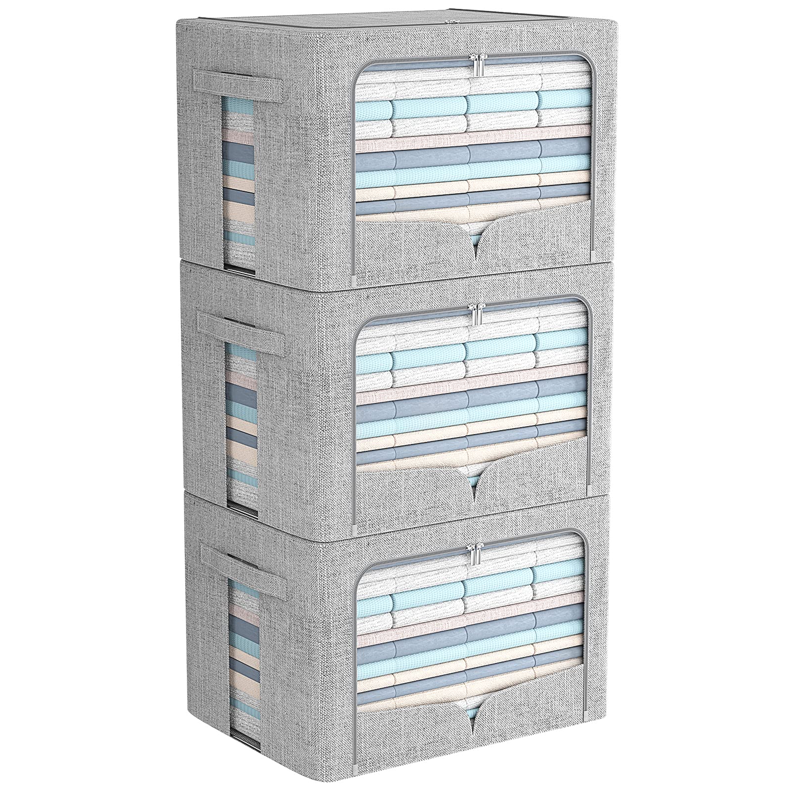 3 Pack Foldable Metal Frame Storage Bins - Stackable Linen Fabric Organizer with Clear Window & Handles (15.7x11.8x11.8 Inch, 36L, Light Gray) - Perfect for Closet, Nursery, Office & Home Organization