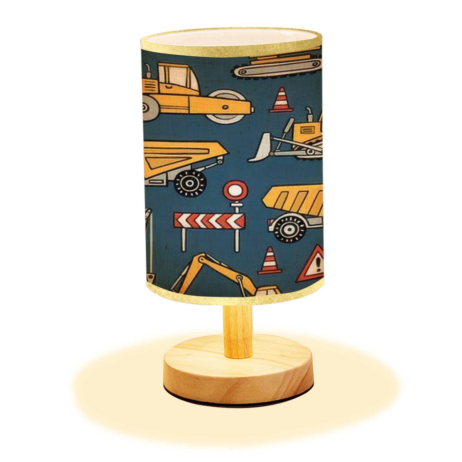 Handmade Minimalist Wooden Bedside Table Lamp with Dark Blue Construction Cars Design & Flaxen Fabric Shade - Perfect for Bedroom Nightstand, Living Room Decor, Office Desk Lighting (Wood Base)