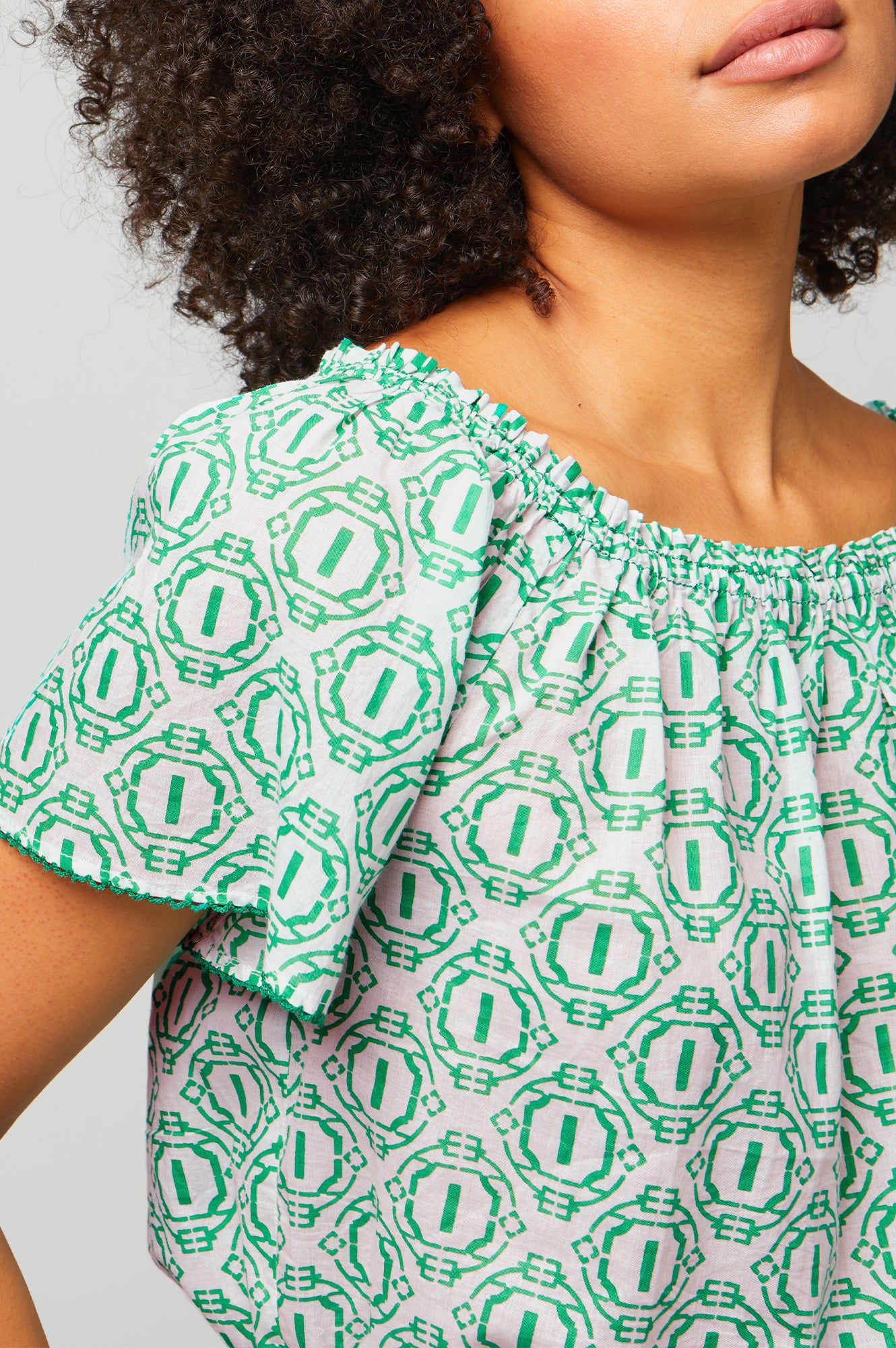 Ilana Organic Cotton Top | Circle Geo Green | Eco-Friendly Women's Blouse for Casual Wear & Sustainable Fashion