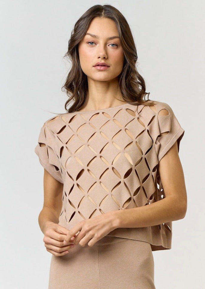 Stylish Taupe Cut Out Detail Sweater Top for Women | Trendy Fall Fashion for Casual Outings & Date Nights