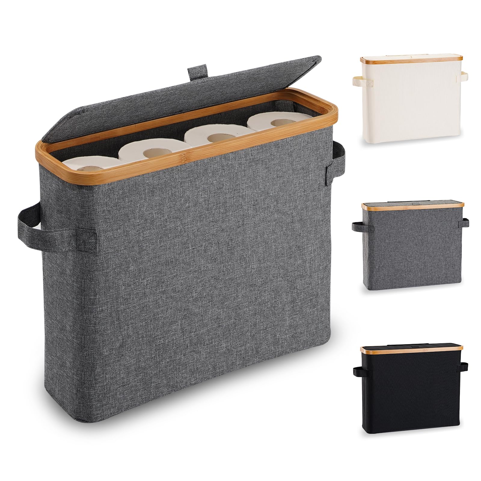 Bamboo Toilet Paper Storage Basket with Lid - Bathroom Tissue Holder Organizer for RV, Closet & Home - Gray Storage Box with Handle | Perfect for Small Spaces, Bathroom Counter & Vanity Organization