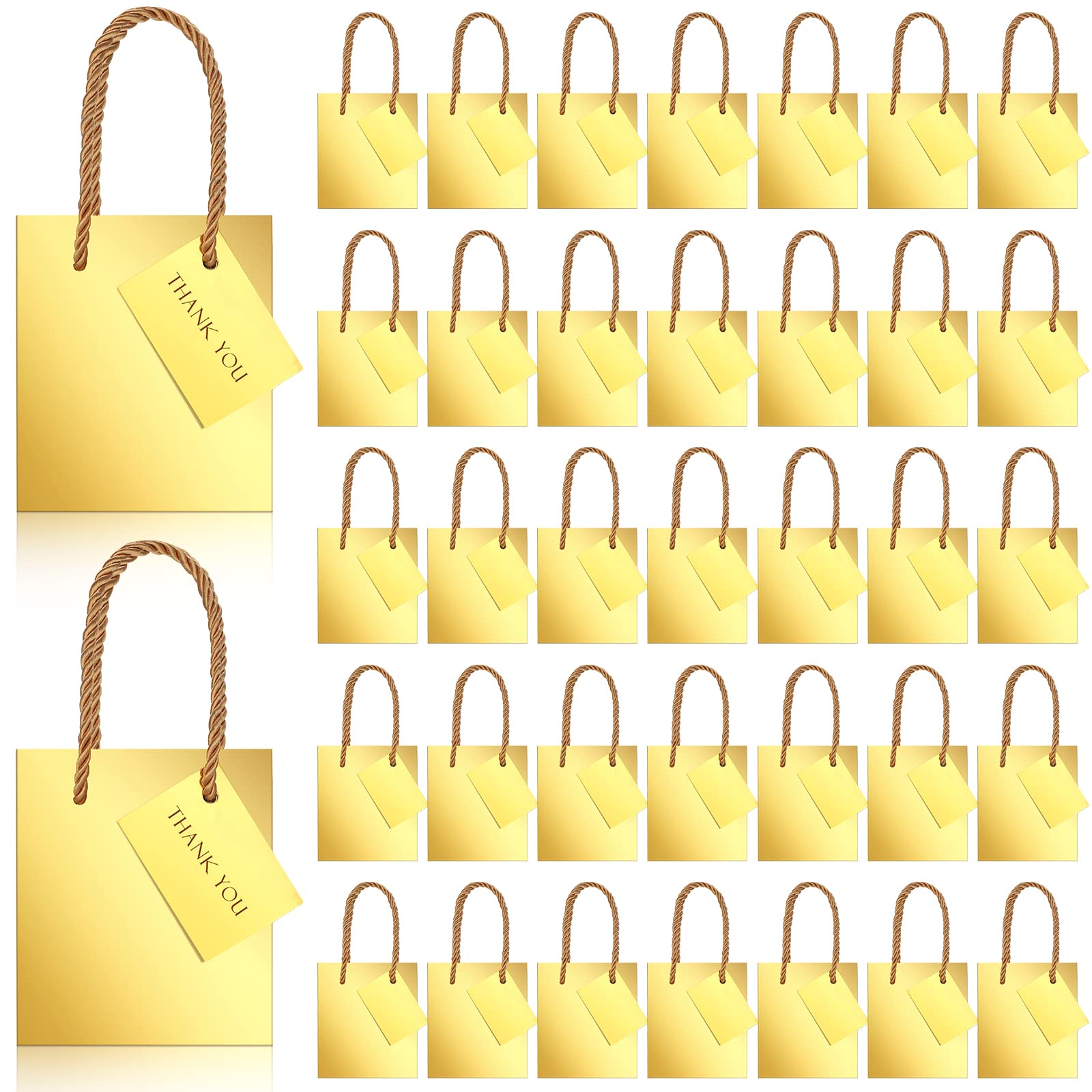50 Pcs Mini Gold Gift Bags Bulk - 4 x 2.75 x 4.5 Inch Small Metallic Paper Totes with Handles & Gift Tags - Perfect for Birthday Party Favors, Wedding Favors, Baby Shower Gifts, Christmas Stocking Stuffers & Holiday Gift Giving