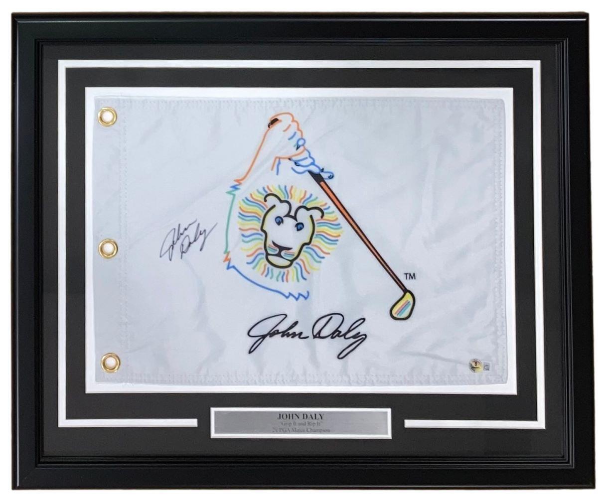 John Daly Autographed Framed Golf Flag with Logo - Collectible Memorabilia for Golf Fans, Man Cave Decor, Sports Bar Display