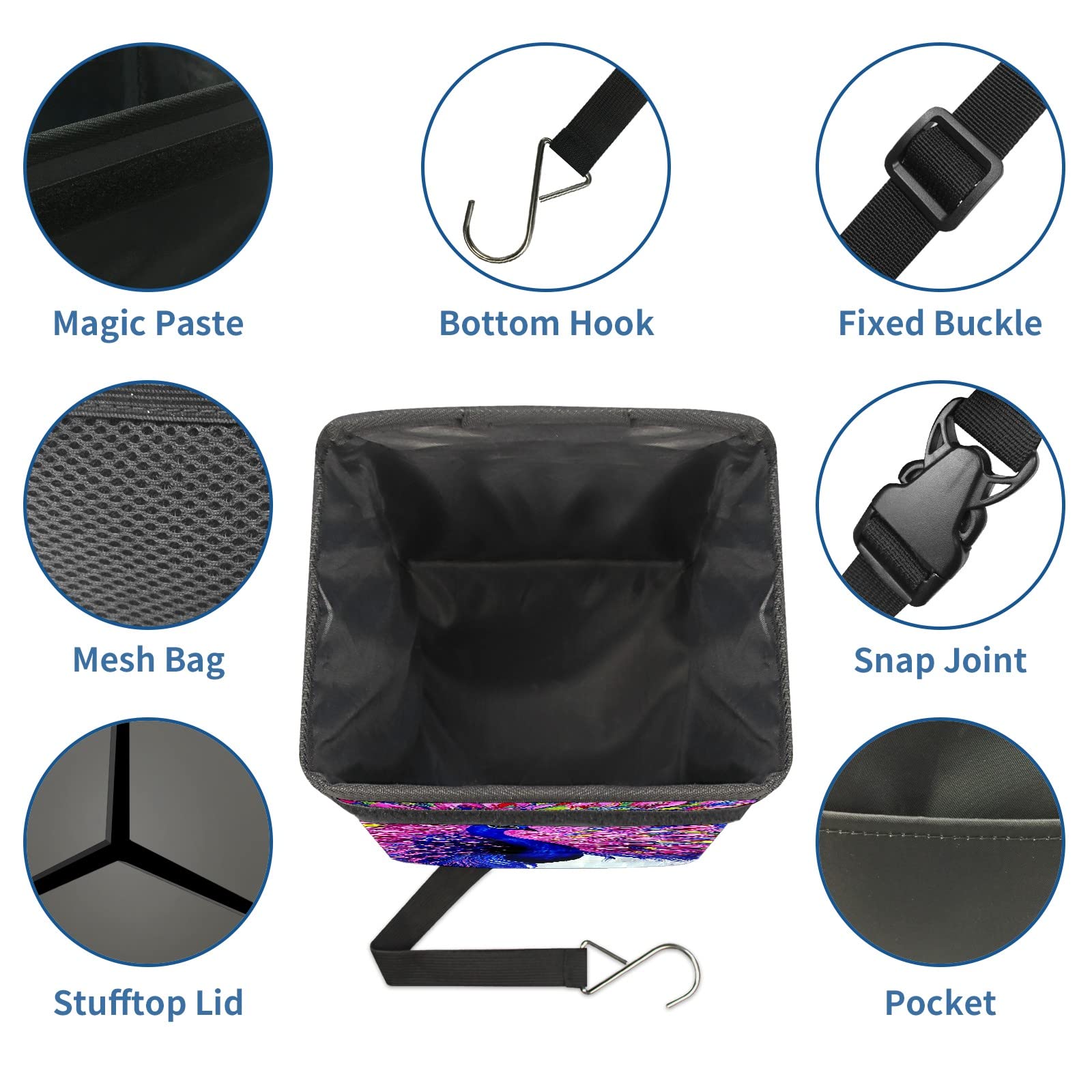 Collapsible Reusable Waterproof Car Trash Can with Lid - Peacock Design Auto Garbage Bin for Car, Truck & SUV Interior Organization | Perfect for Road Trips, Commuting & Family Travel