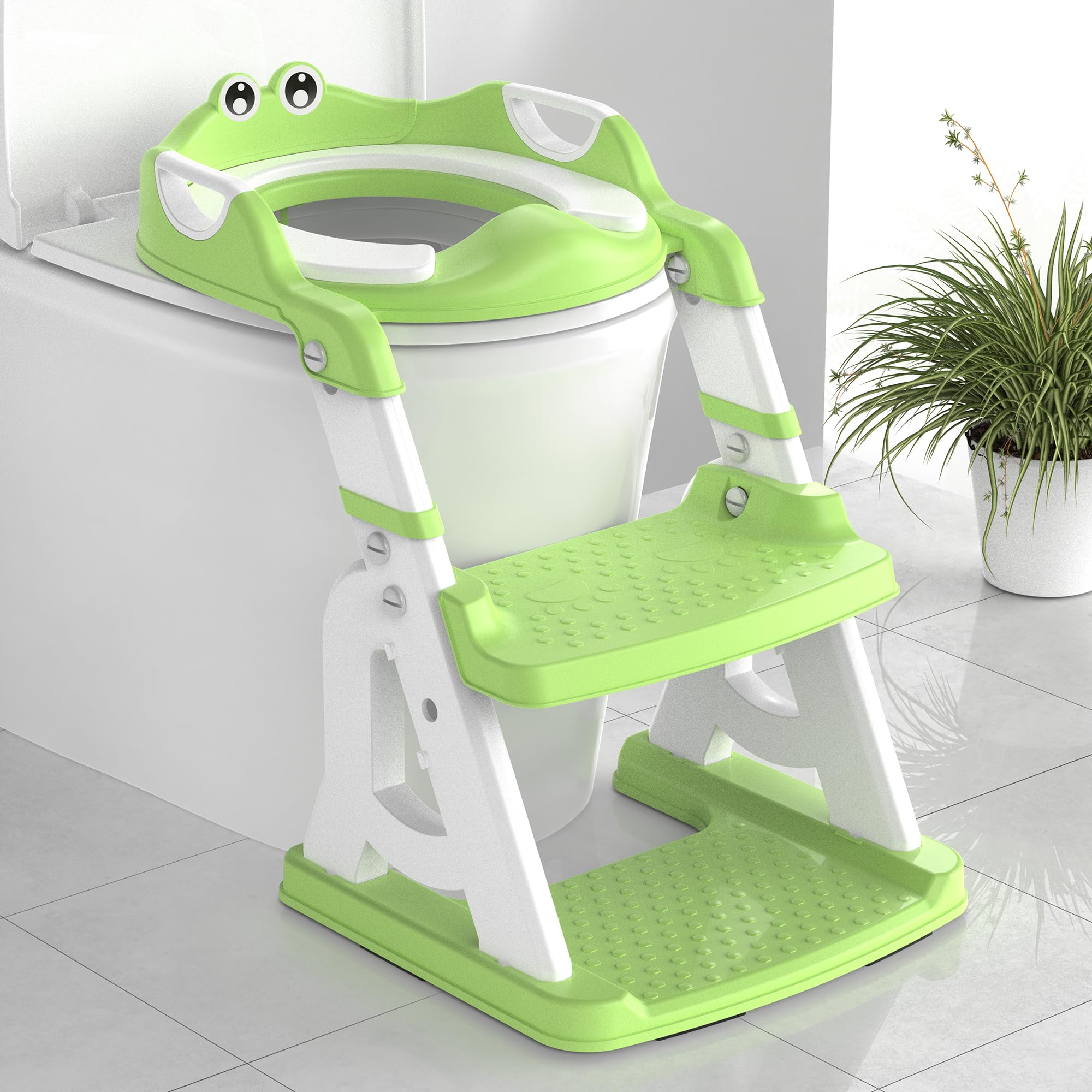 2 in 1 Toddler Potty Training Seat with Splash Guard & Anti-Slip Pad - Adjustable Toilet Trainer for Boys & Girls + Step Stool (Green) - Perfect for Bathroom Safety & Early Childhood Potty Training